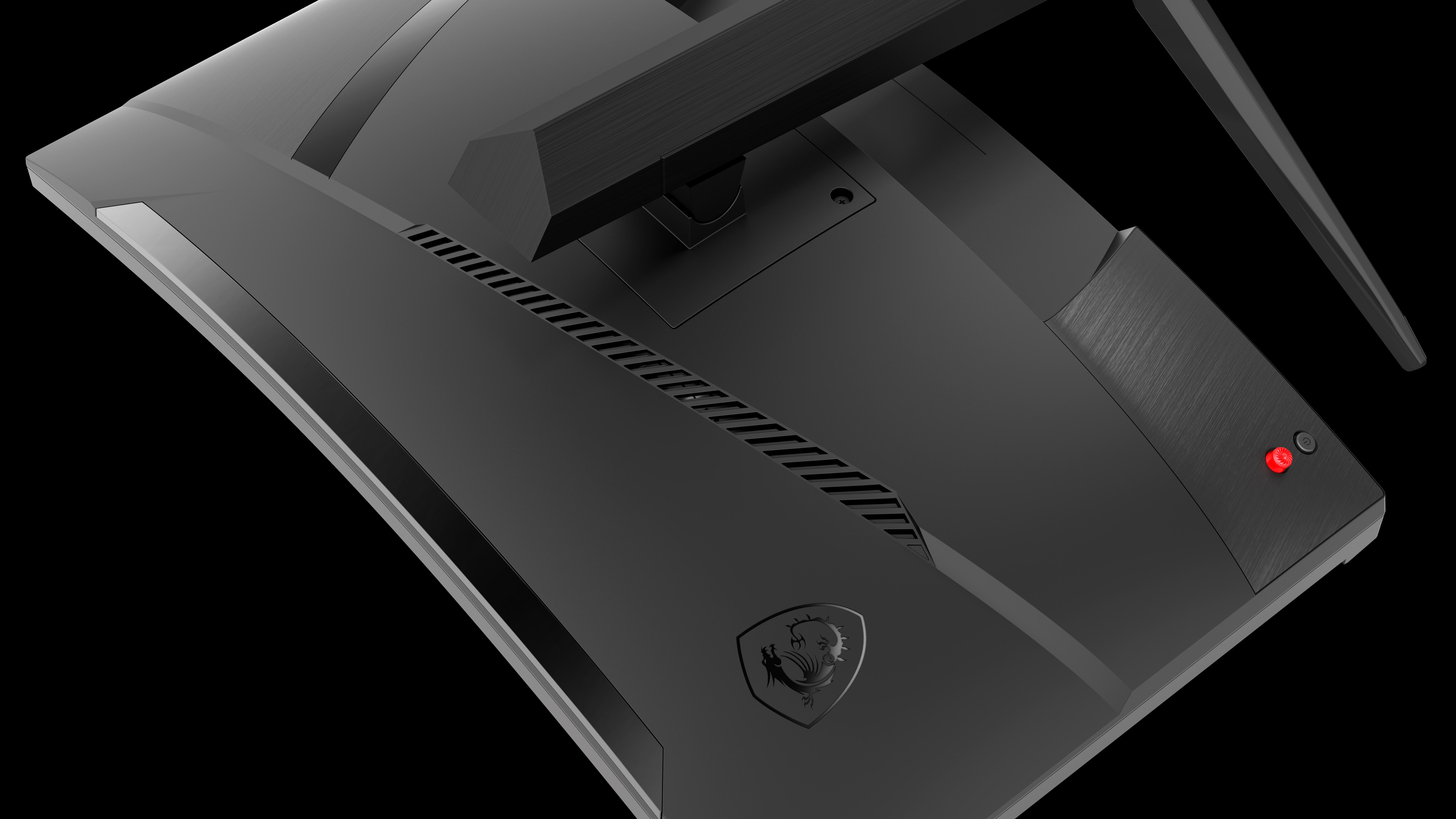 Rückseite eines schwarzen Computermonitors mit Ein-/Aus- und anderen Anschlussknöpfen.