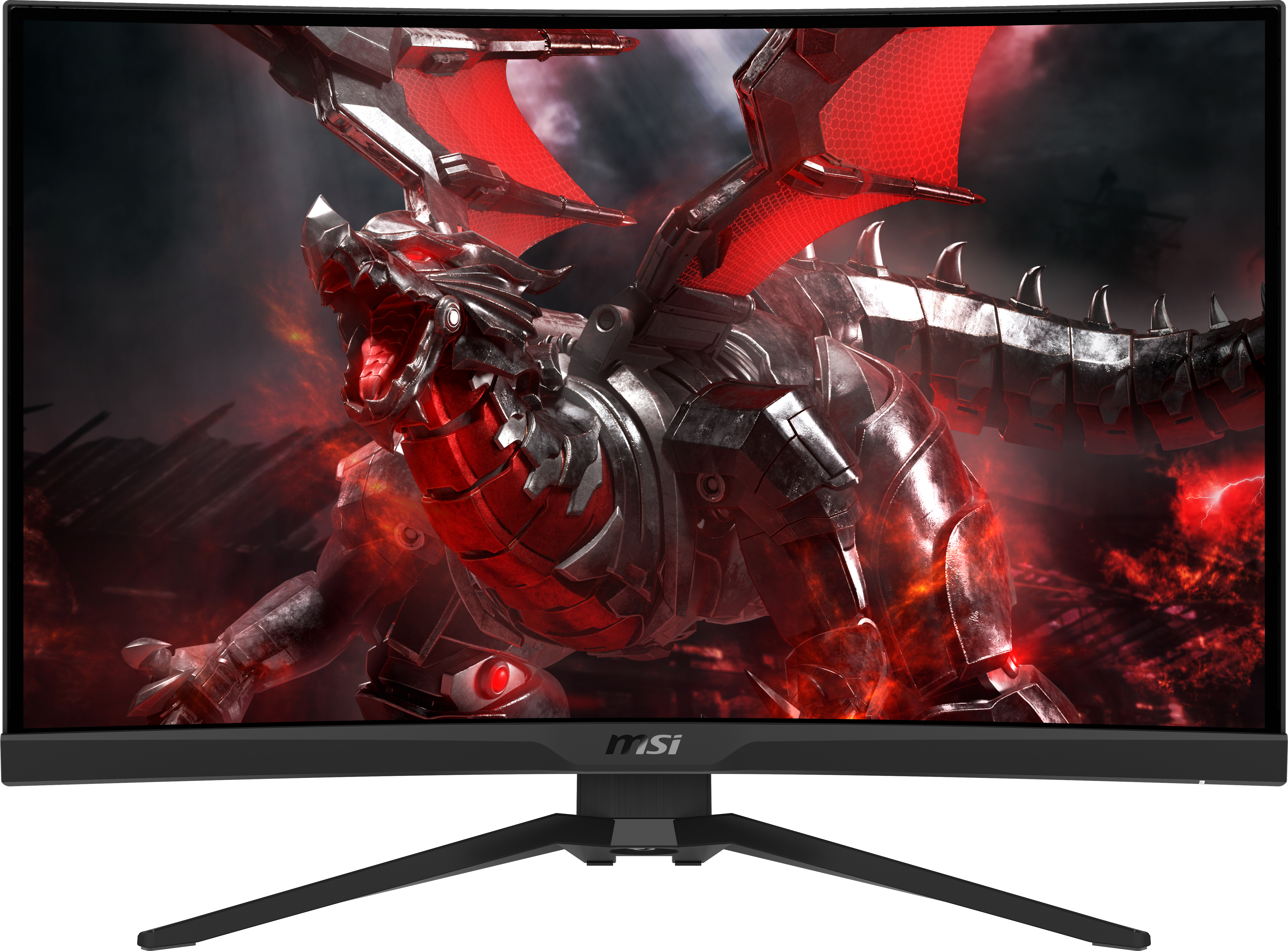 Gebogener MSI-Gaming-Monitor mit Drachengrafik auf dem Bildschirm. Schwarzer Ständer und Rahmen.