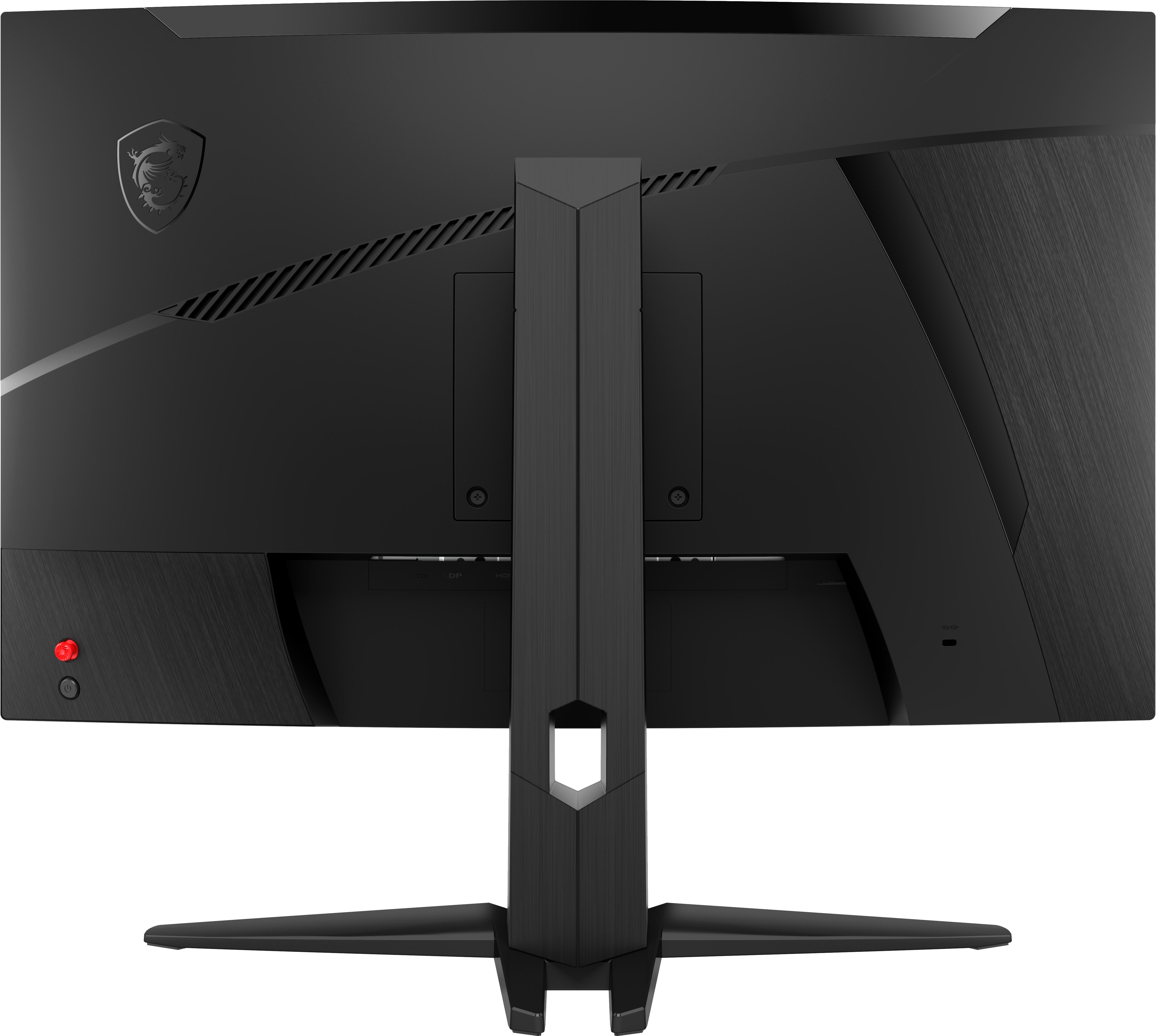 Schwarze Monitorrückseite mit Ständer und MSI-Logo.