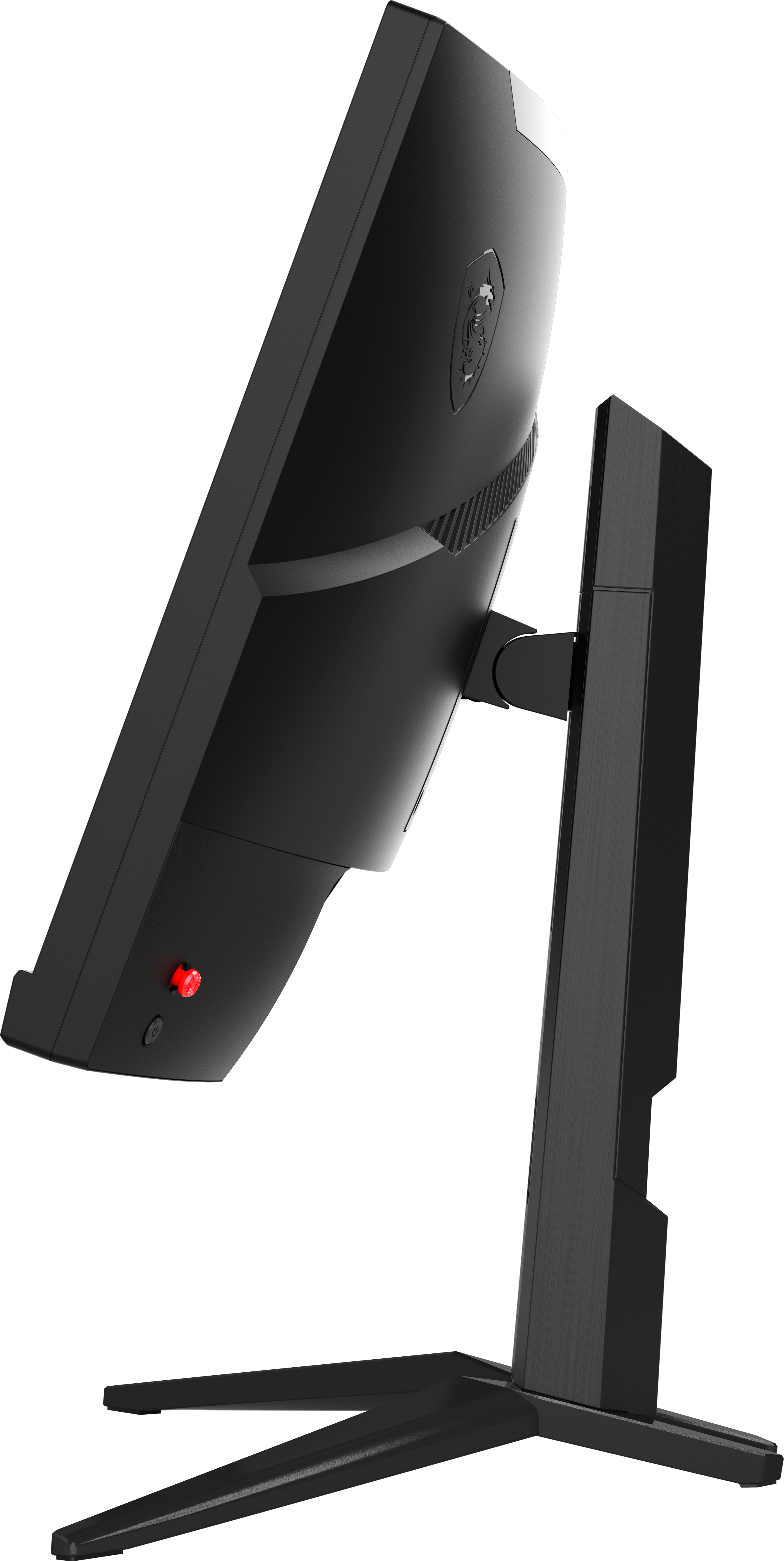 Schwarzer und roter MSI-Monitor, Seitenansicht, mit Ständer und roter Taste.