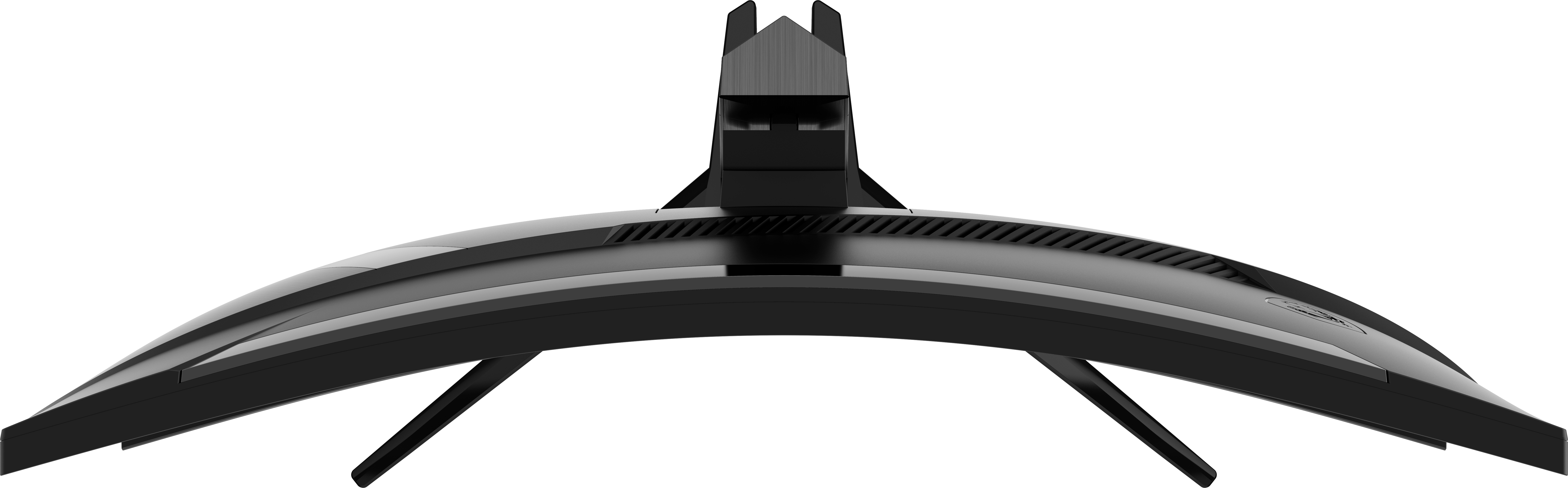 Gebogener schwarzer Computermonitor von oben. Stützen sind unten sichtbar.
