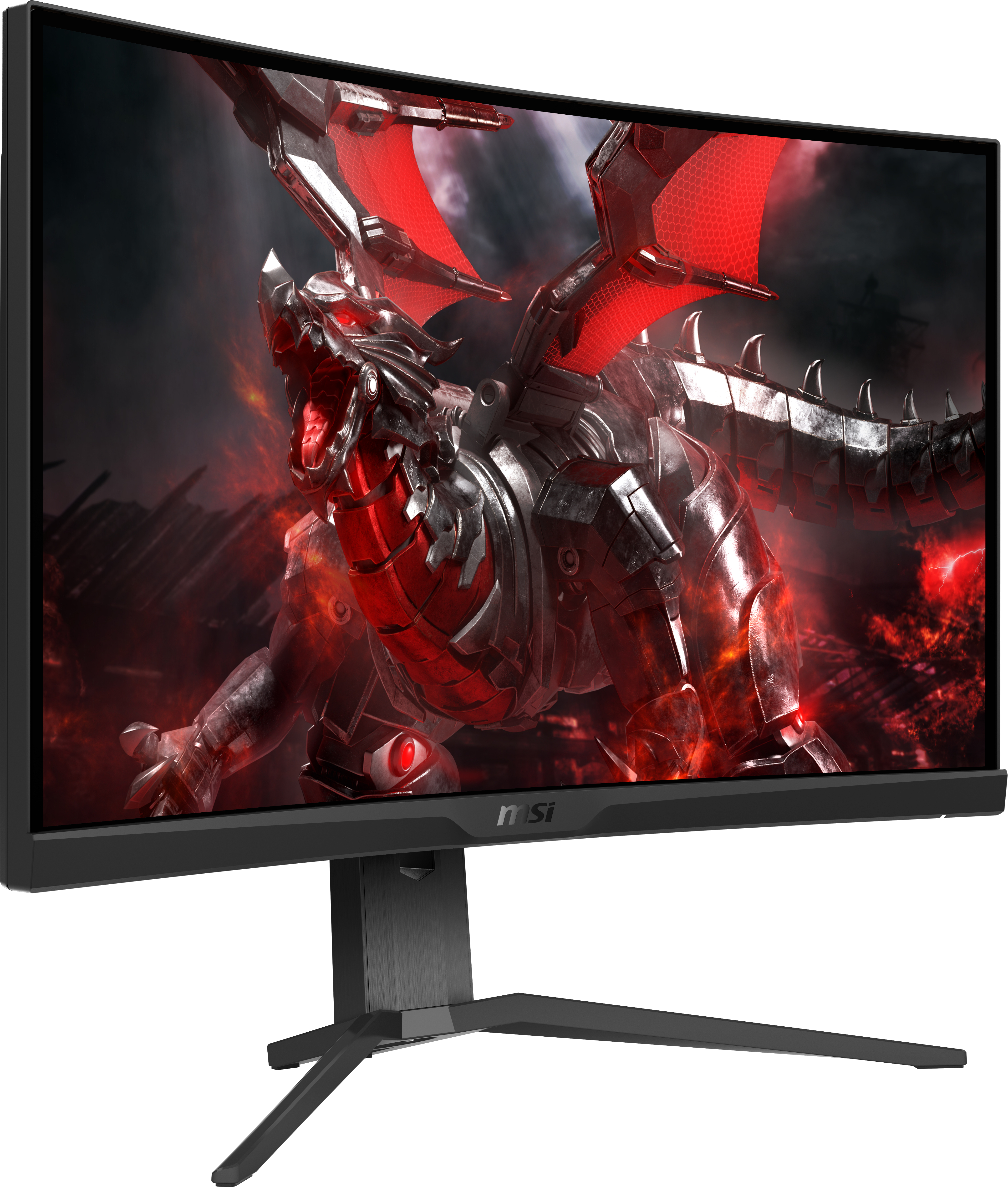 Gebogener Gaming-Monitor. Drachenbild auf dem Bildschirm, rot-schwarzes Farbschema.