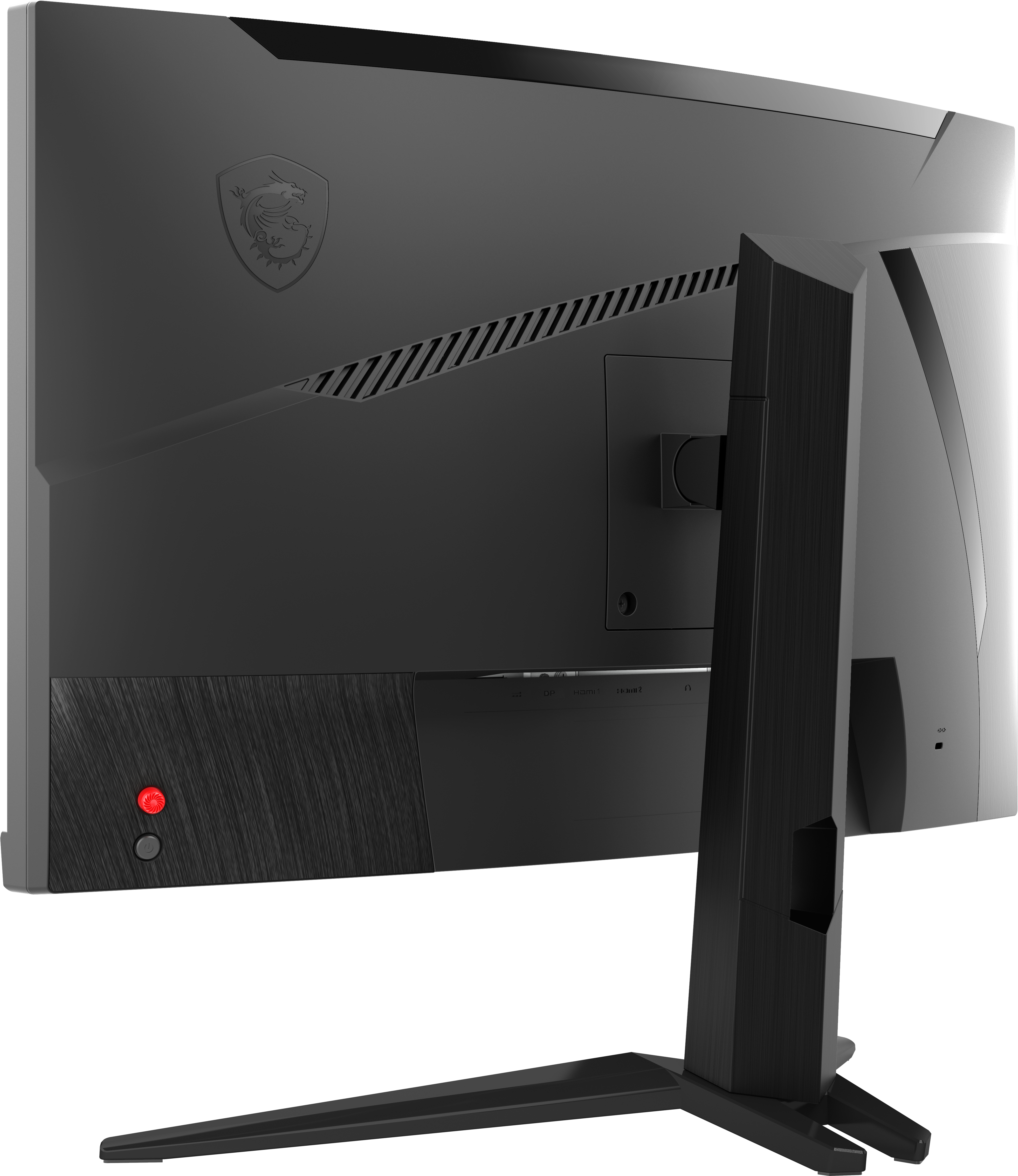 Die Rückseite eines MSI-Gaming-Monitors mit Logo, Anschlüssen und Ständer.