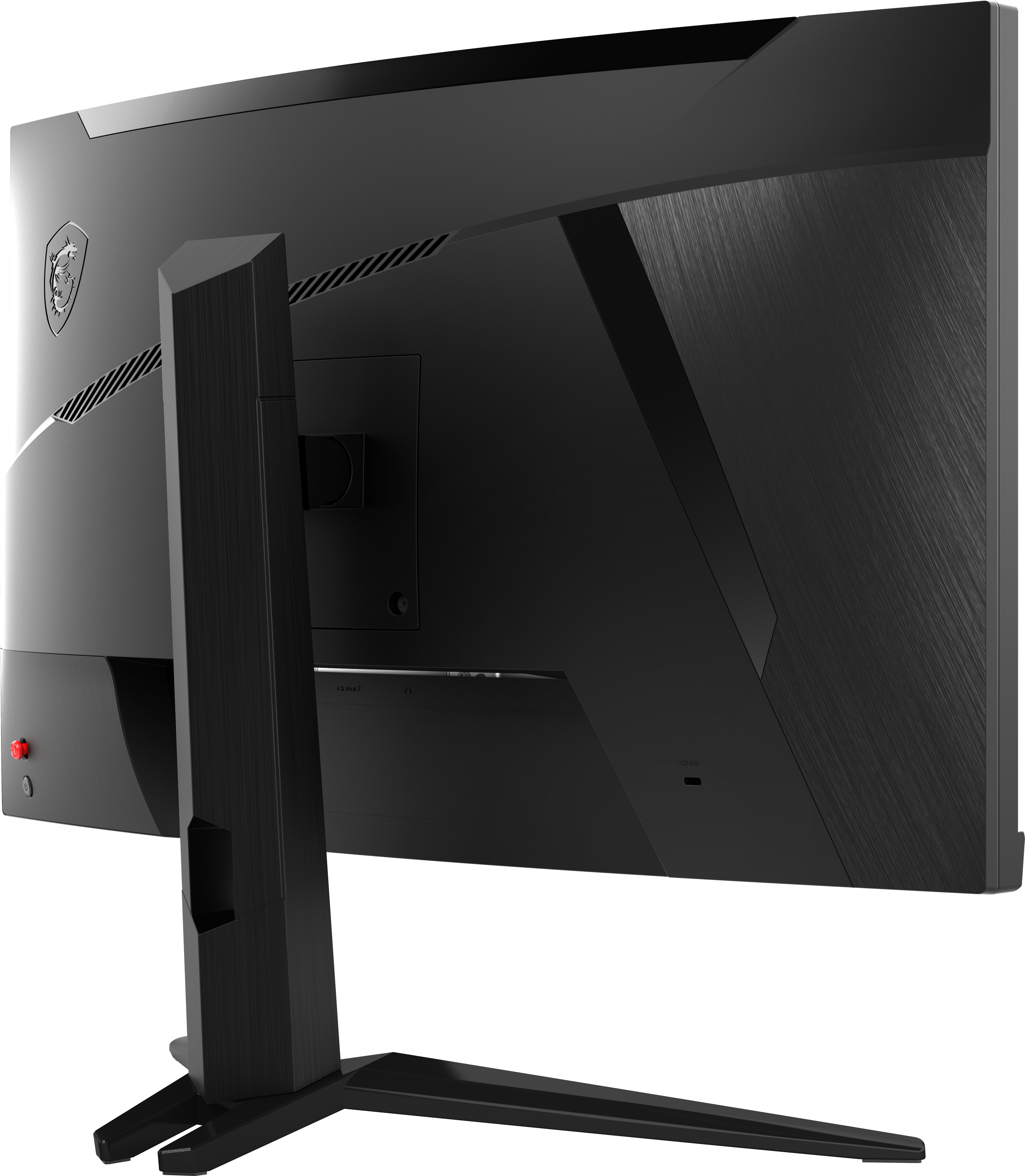 Die Rückseite eines gebogenen schwarzen Computermonitors mit Anschlüssen und einem Ständer.