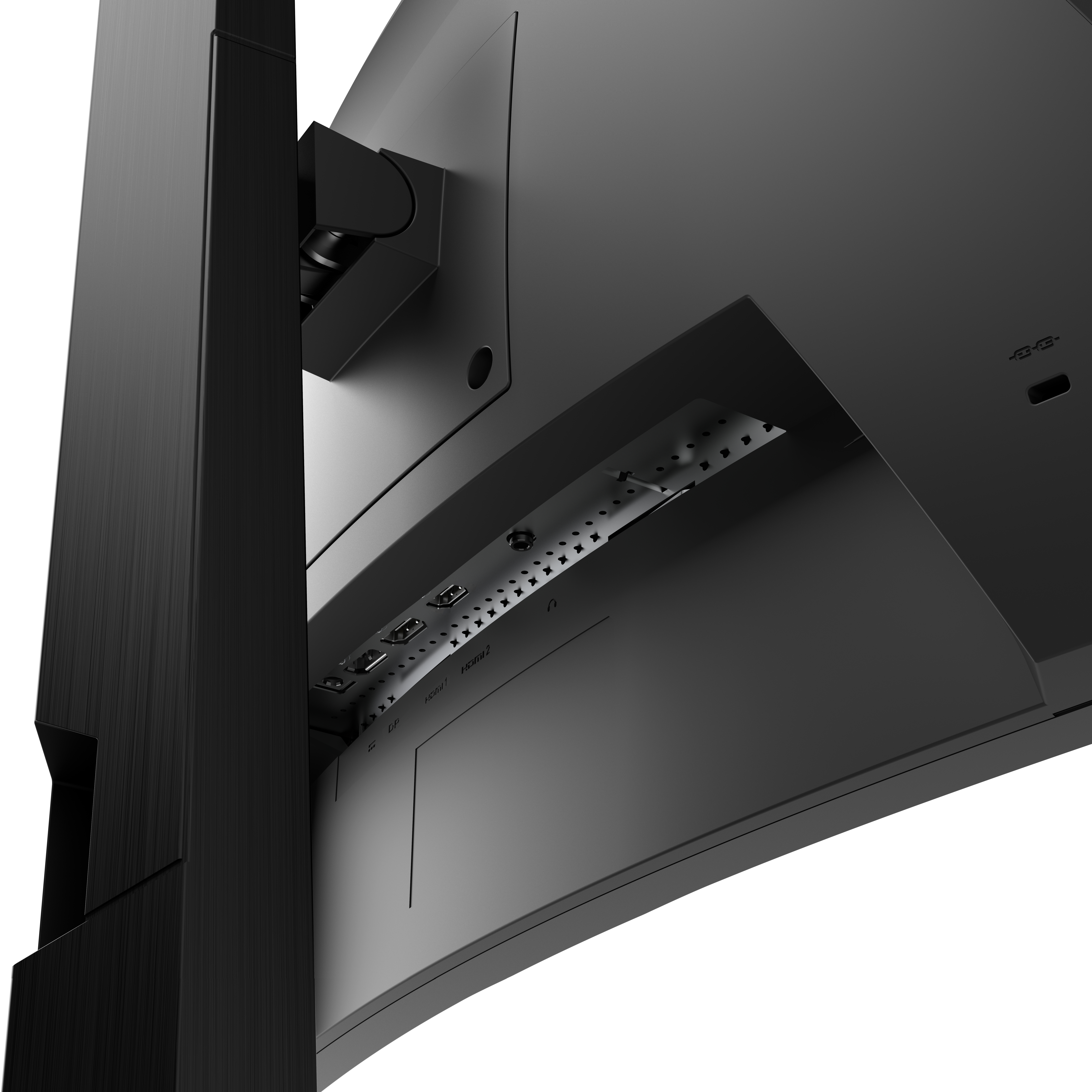 Rückansicht eines schwarzen Computermonitors mit mehreren Anschlüssen und Ständer.