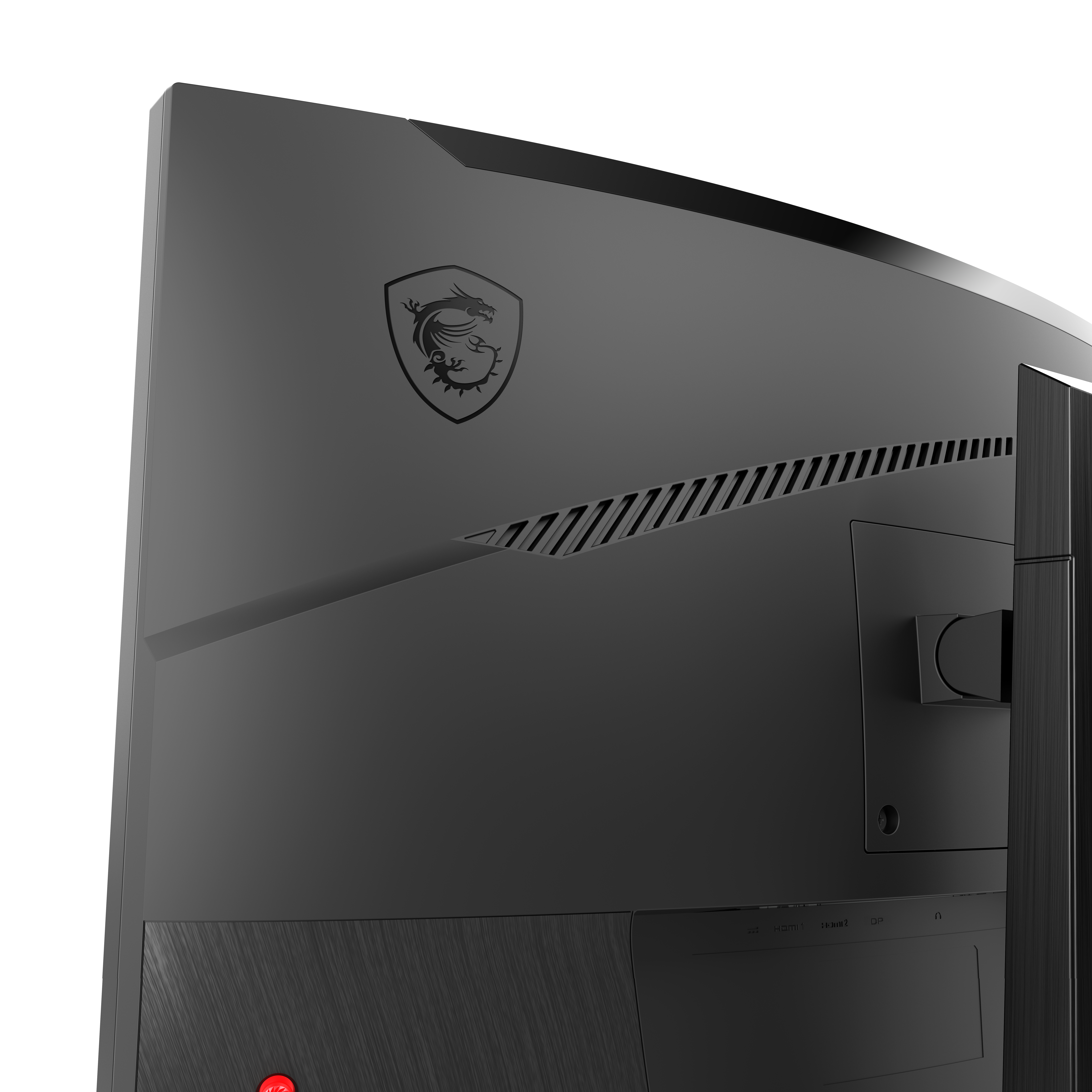 Ein schwarzer Computermonitor. Er hat ein Logo und einen roten Knopf unten.