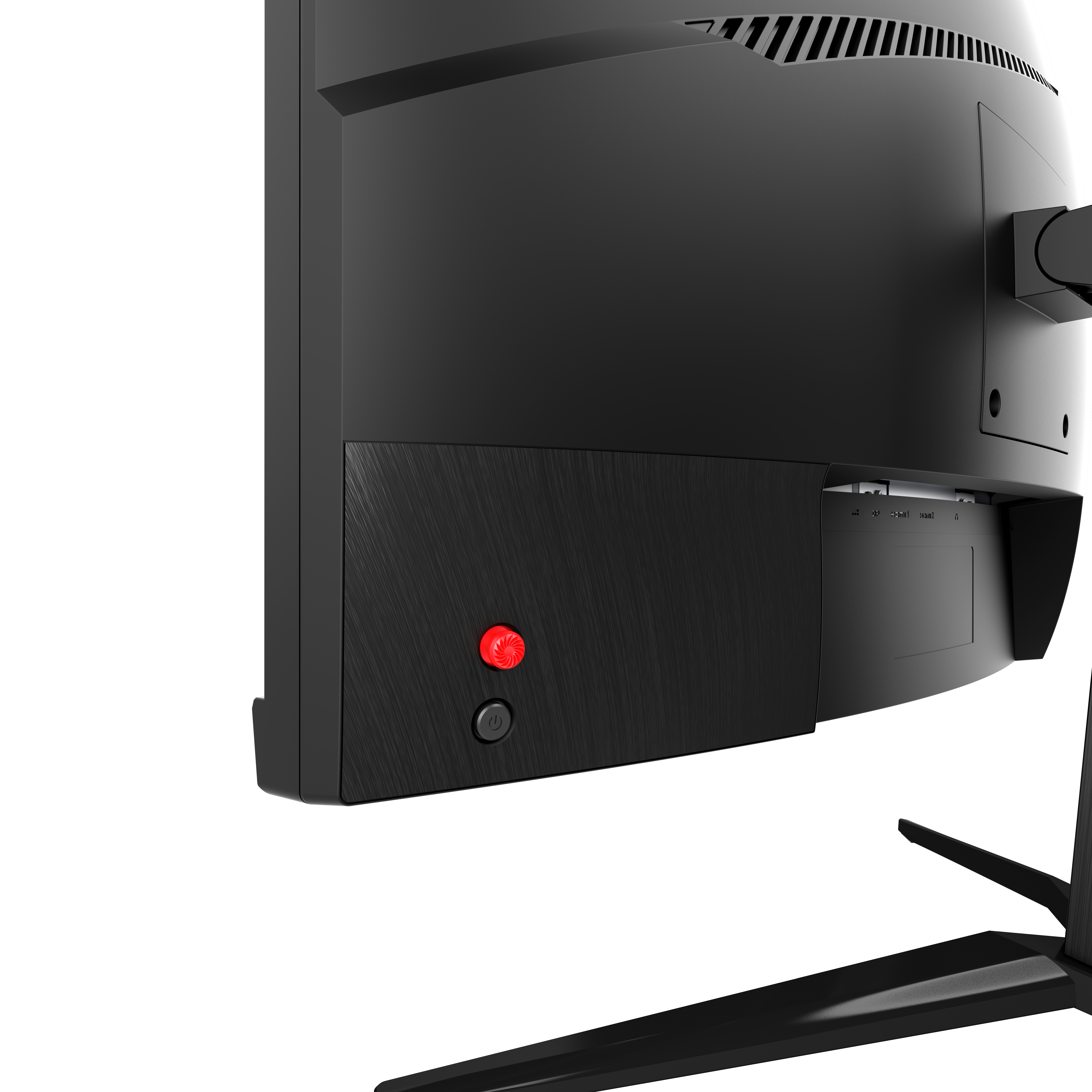 Rückseite eines schwarzen Computermonitors mit rotem Ein/Aus-Knopf und sichtbaren Anschlüssen.