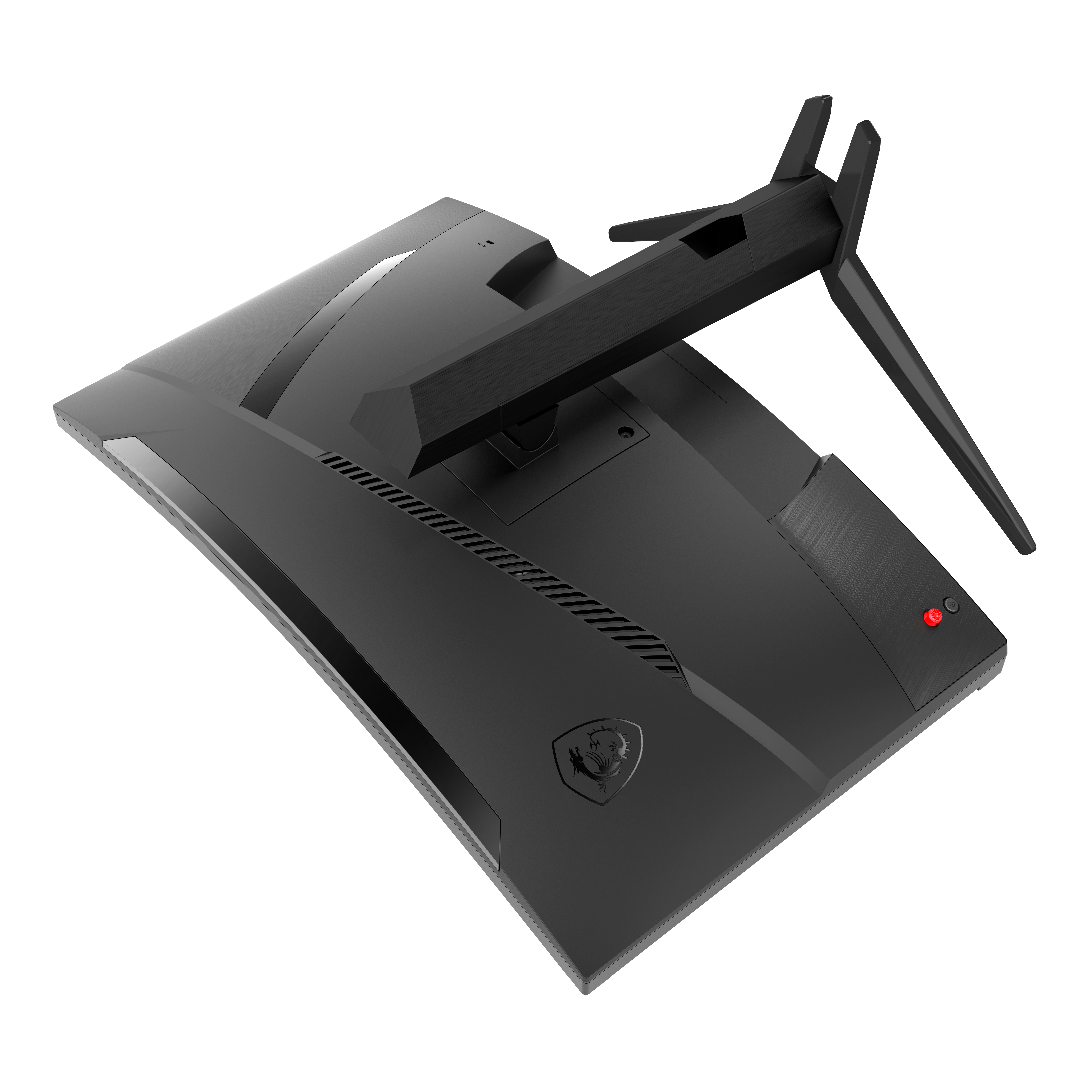 Schwarze Rückseite des Computermonitors mit Ständer und Logo, isoliert vor weißem Hintergrund.