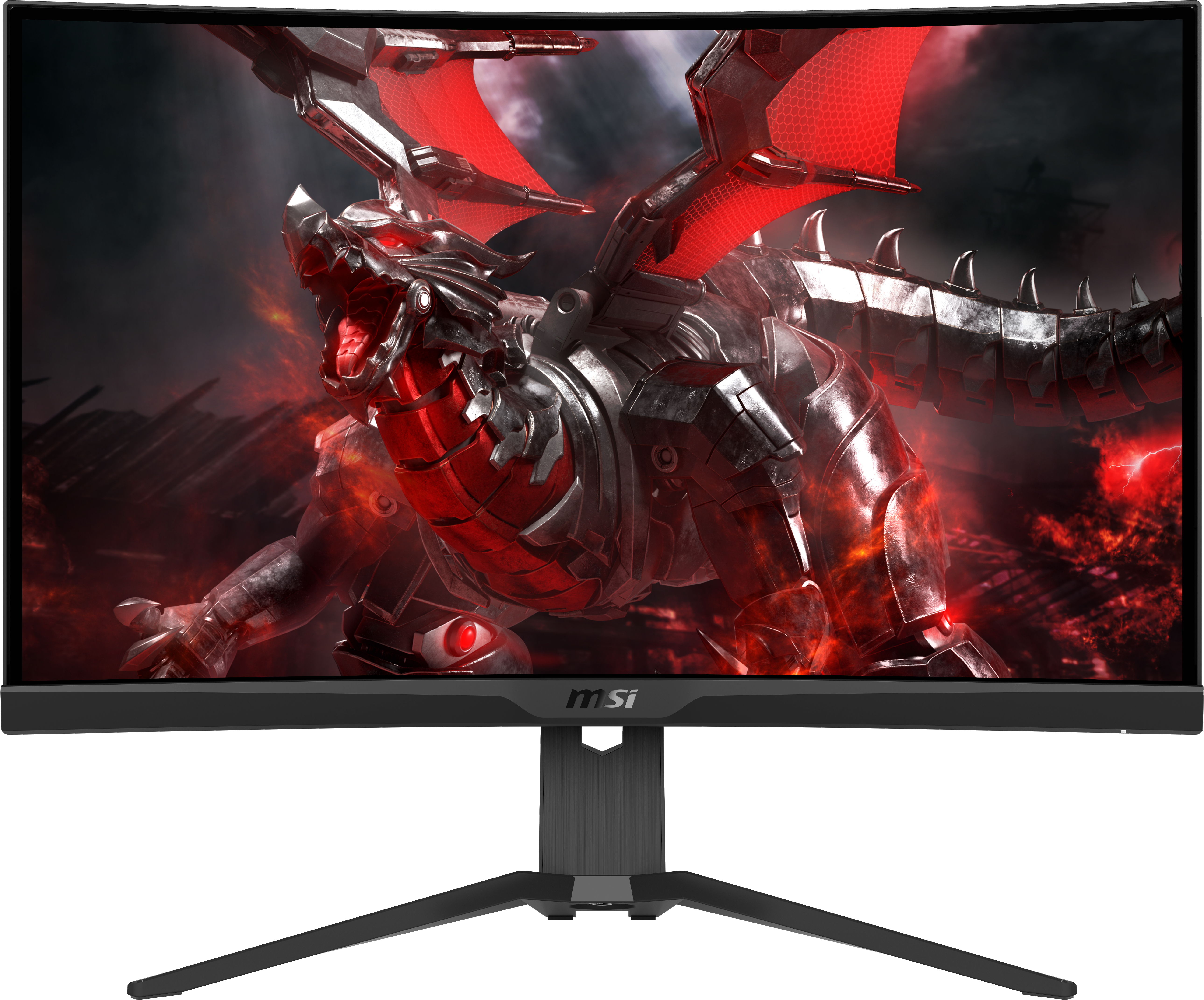 Ein gekrümmter Gaming-Monitor, der einen Drachen auf feurigem Hintergrund zeigt, mit dem MSI-Logo.