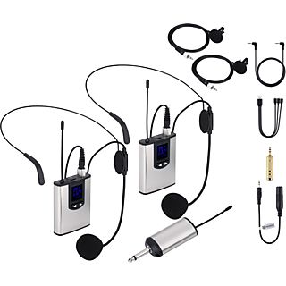 Micrófono - NK IG33008KIT, 2TX+1RX, De clip y cabeza, Adaptador cámara, Plata y negro