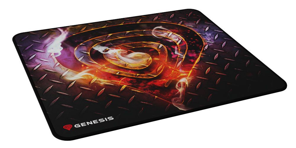 Podkładka pod mysz z logo Genesis na teksturowanej metalowej powierzchni, z ognistym wzorem na podkładce.
