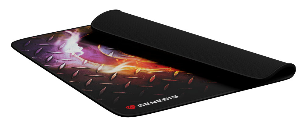 Czarna podkładka pod mysz z czerwonym logo.