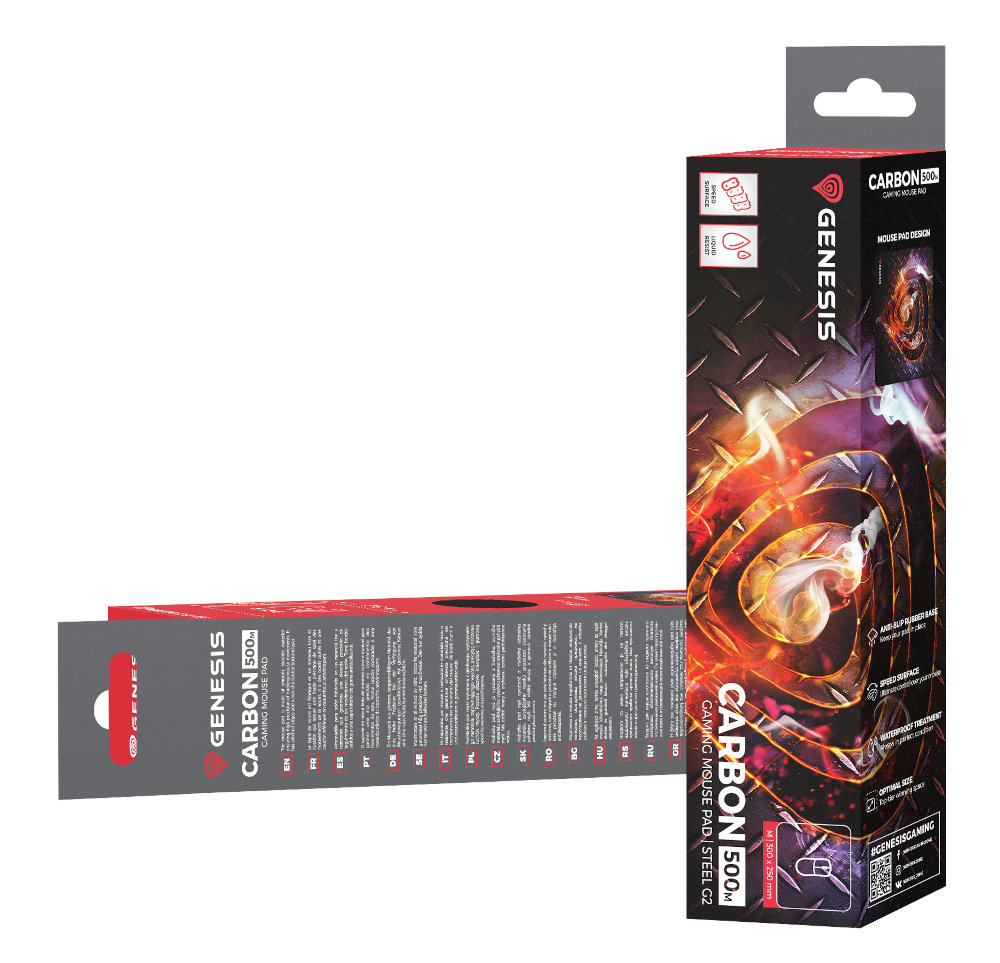 Dwa prostokątne pudełka podkładki pod mysz dla graczy z tekstem i grafiką. Białe tło.