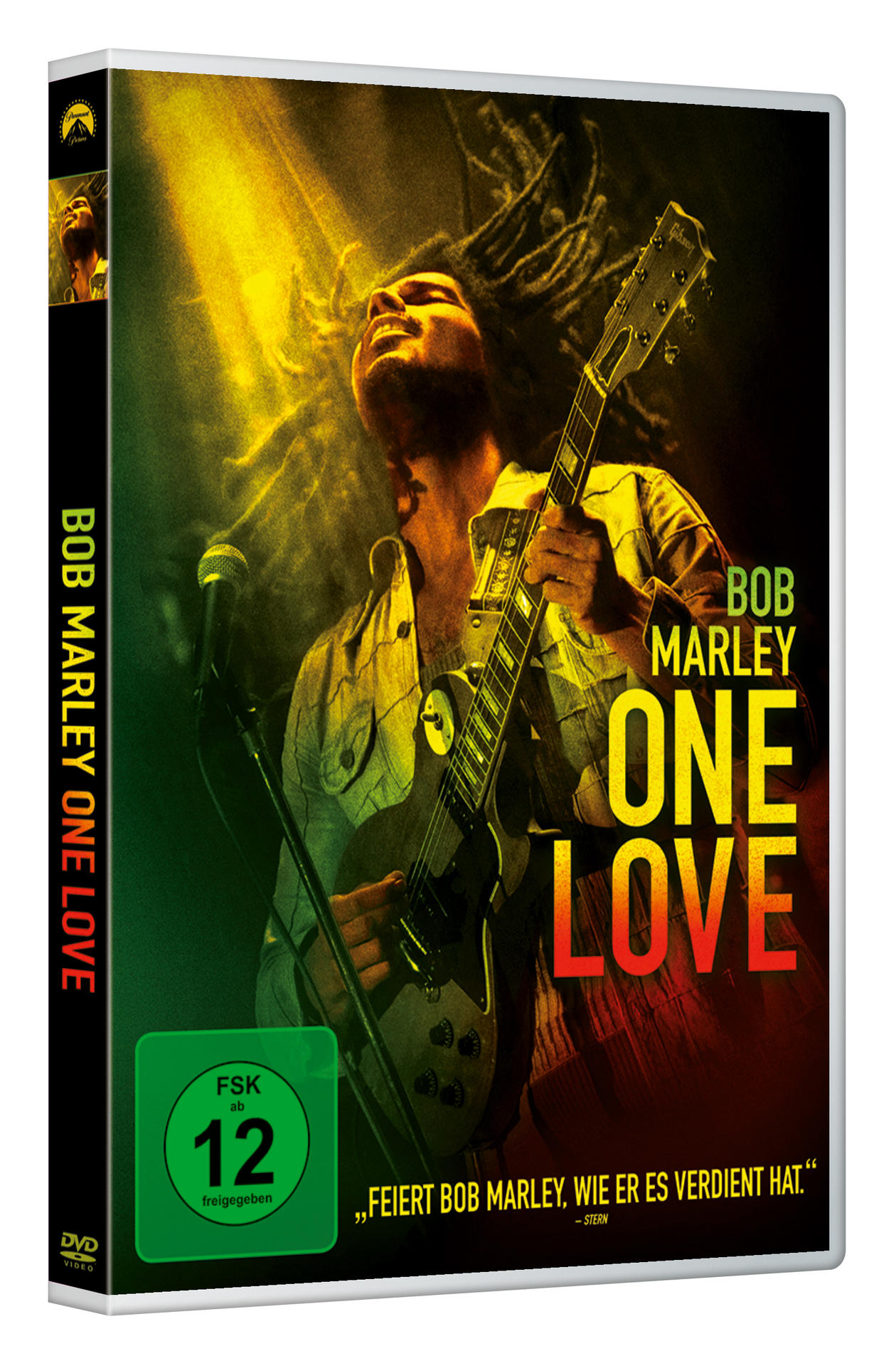 DVD-Cover: Bob Marley, spielt Gitarre, mit dem Titel 'One Love' und einem grünen FSK-Logo.
