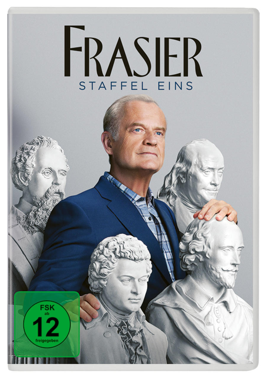 DVD-Cover für Frasier Staffel eins. Kelsey Grammer mit Büsten. Grauer Hintergrund, deutscher Text.