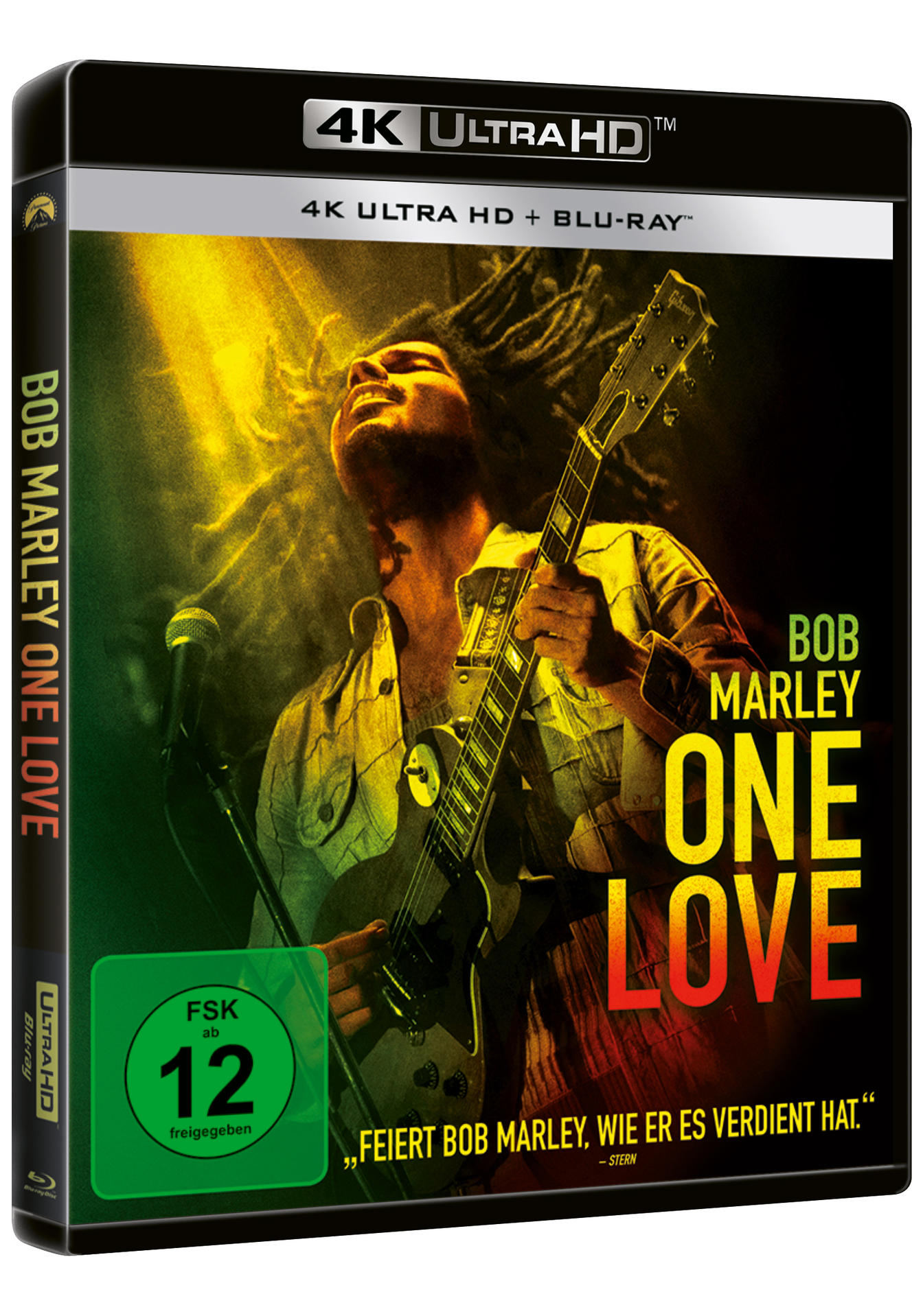 Bob Marley One Love Blu-ray Cover. Marley mit Gitarre, grünes Label und Text auf schwarzem Hintergrund.