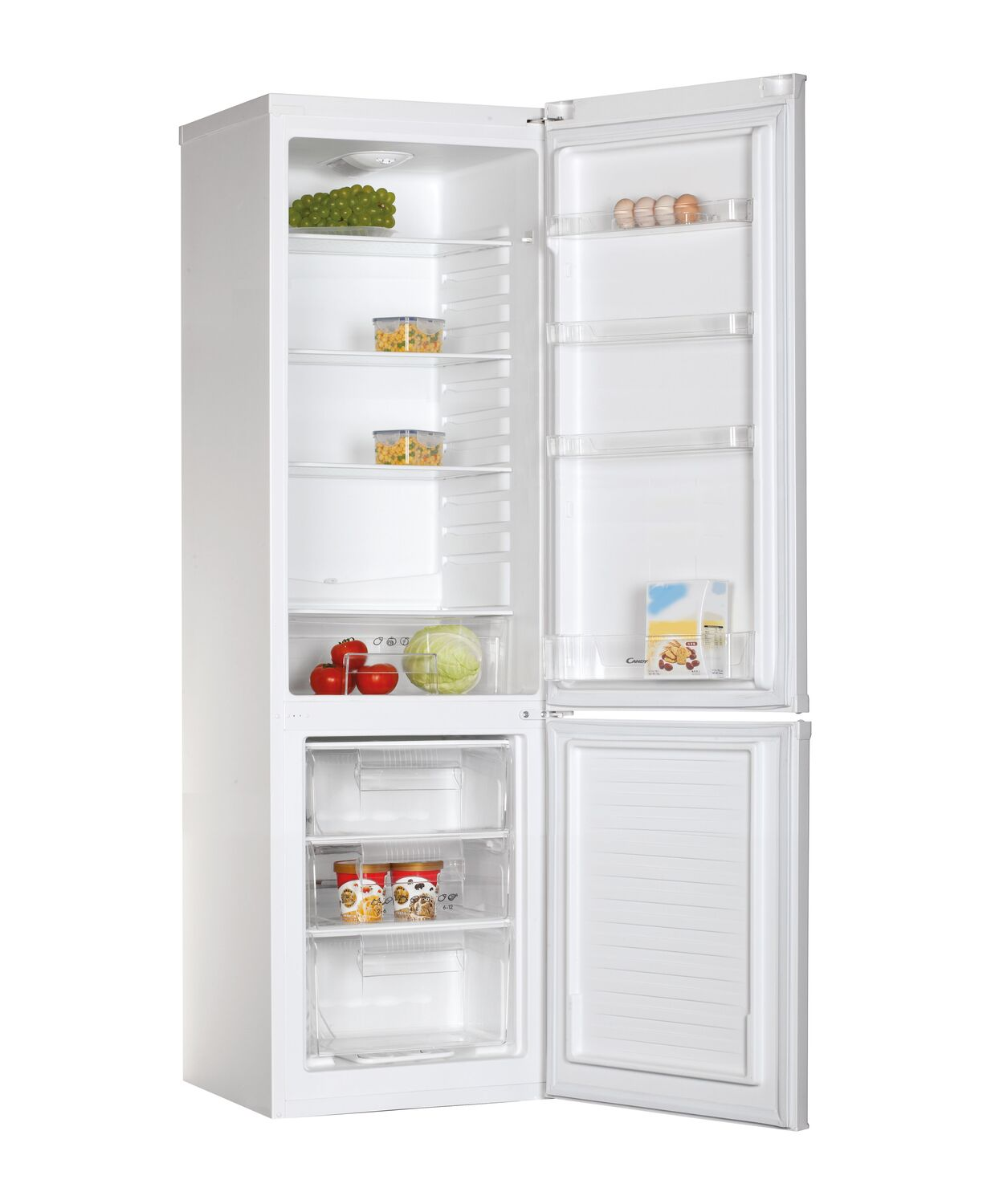 Refrigerador blanco con puertas abiertas, contiene estantes con alimentos.