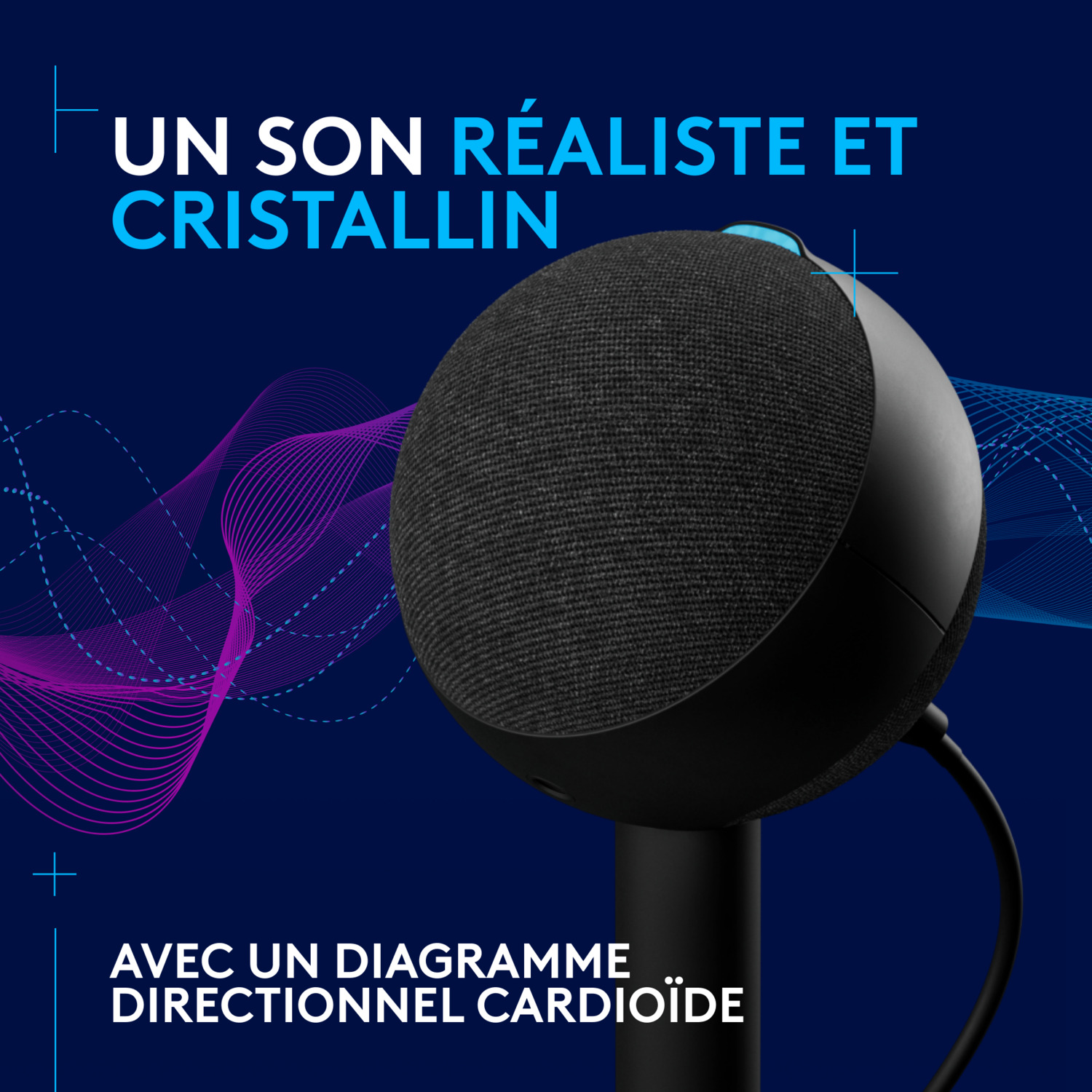 Un haut-parleur sphérique noir avec des accents bleus, texte en français, sur fond bleu.
