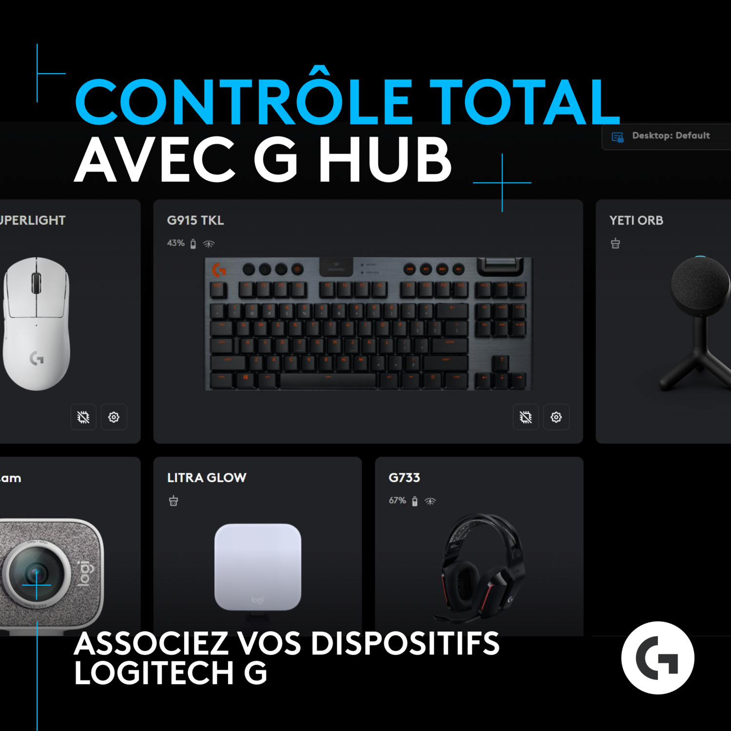 Une vitrine de produits Logitech G, incluant une souris, un clavier et un microphone.