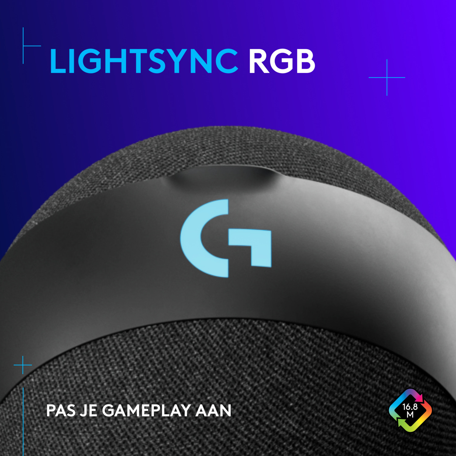 A black speaker with a light blue logo. Blue and purple accents are visible.