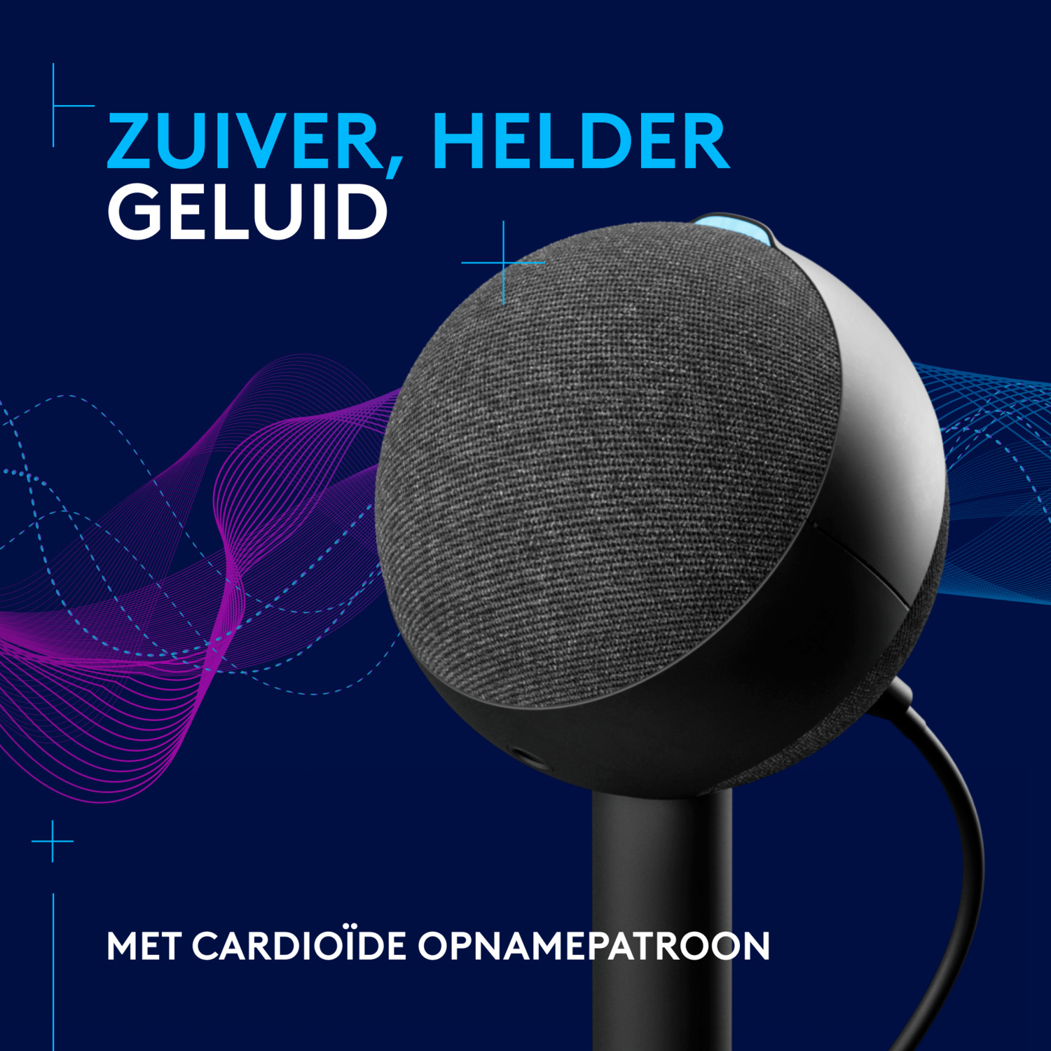 A black and gray smart speaker on a stand. Text says 'Pure, clear sound' and 'Cardioid pattern'.