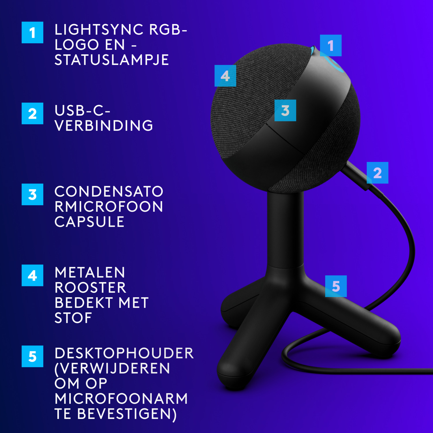 A black microphone with a stand and labels.