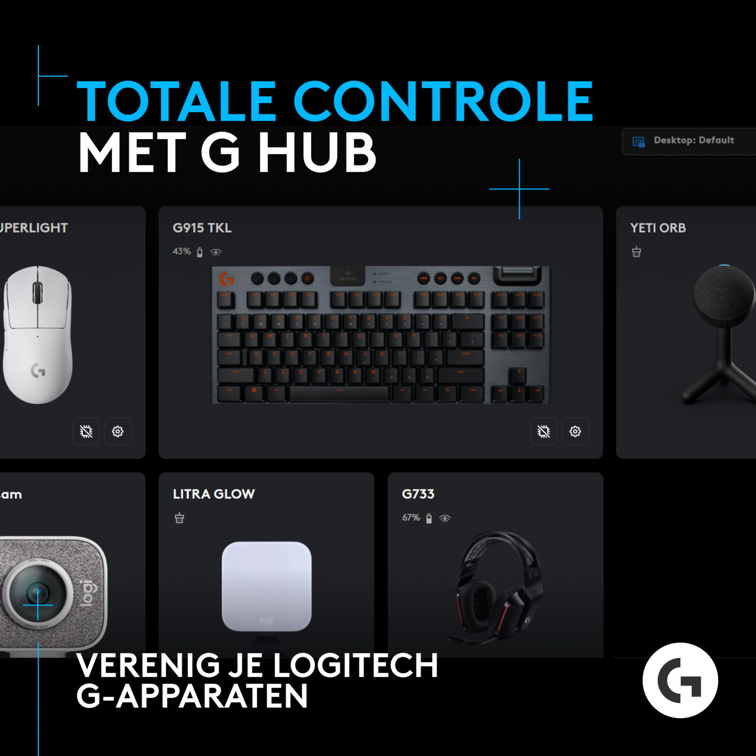 Logitech G-Hub interface showing gaming peripherals: mouse, keyboard, microphone, and headset.