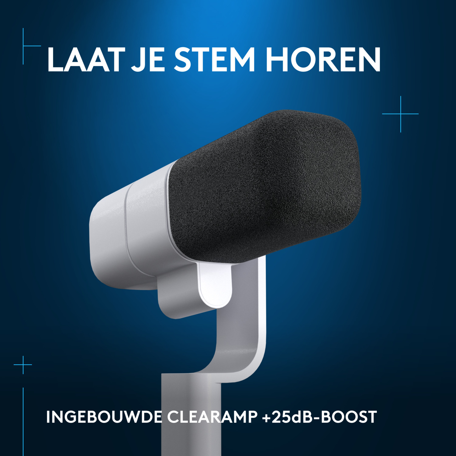 A microphone with a black foam cover on a white stand against a blue background. Text says: LAAT JE STEM HOREN.