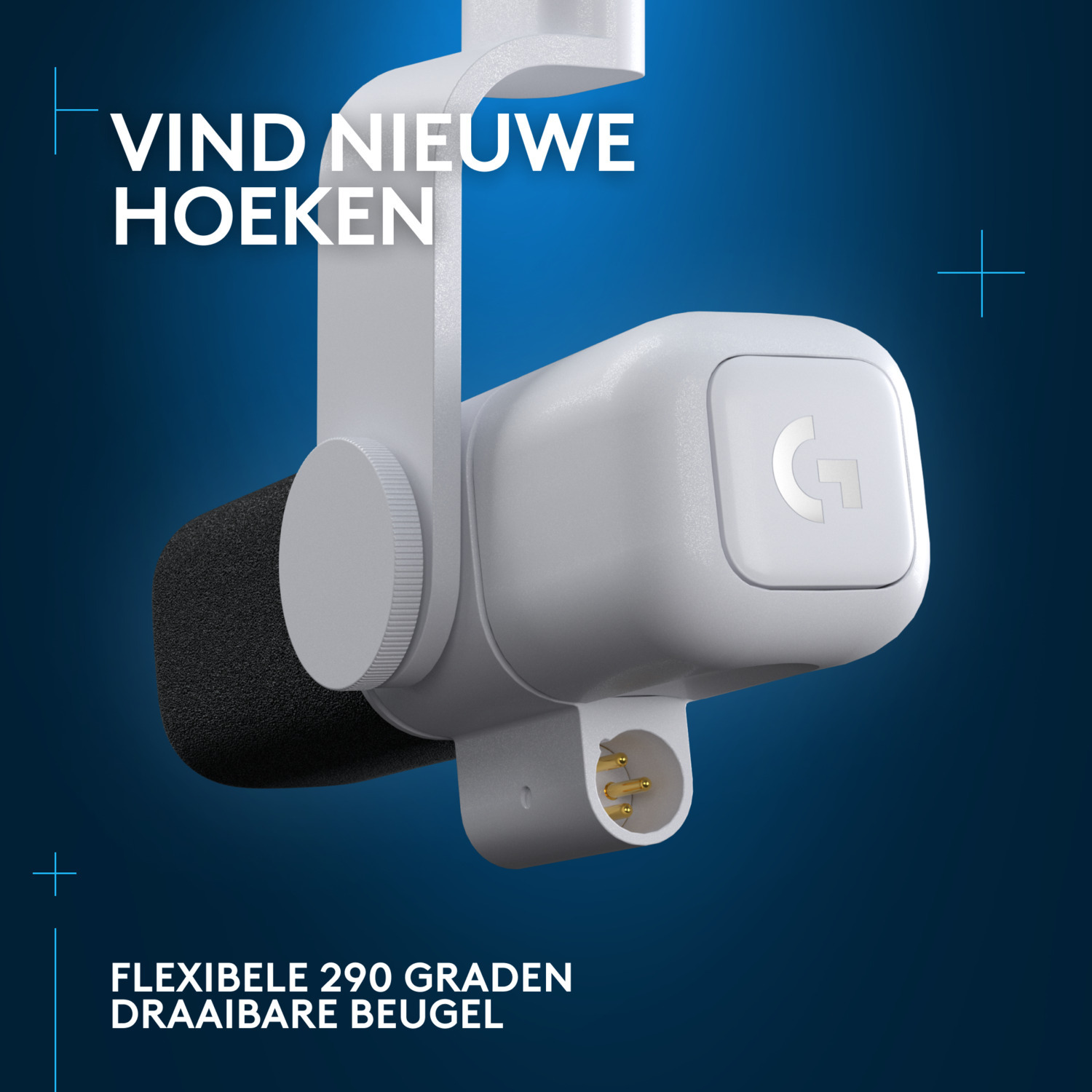 White Logitech microphone with a flexible, adjustable arm.