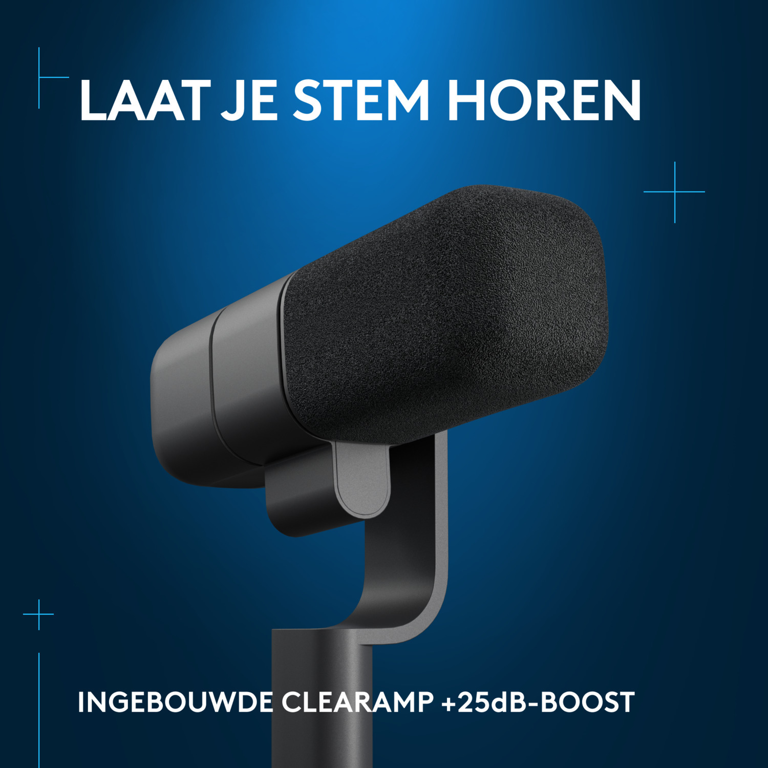 White and grey microphone on stand, with text 'Zuiver, Helder Geluid'.