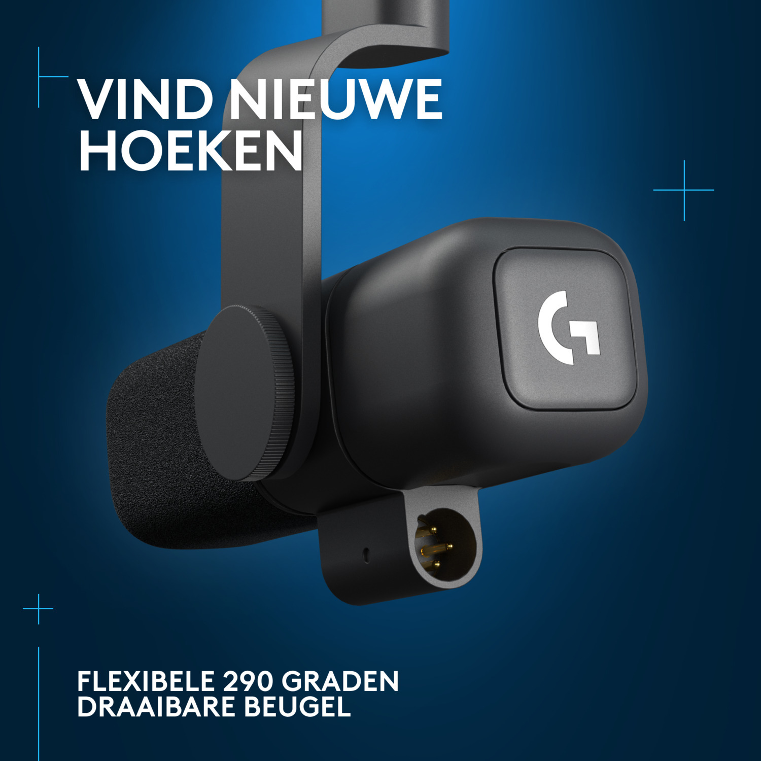 Black microphone on a dark blue background, with text.