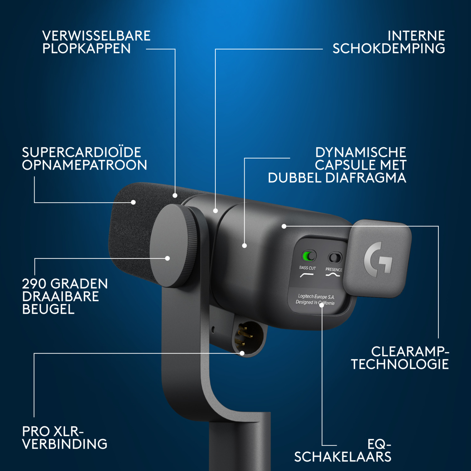 A black microphone with labels, white background. The microphone is black.
