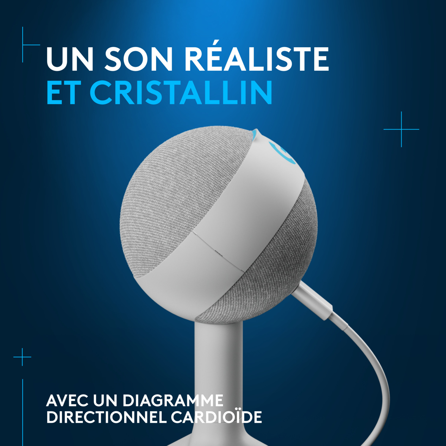 Haut-parleur sphérique blanc et gris sur un support avec du texte.