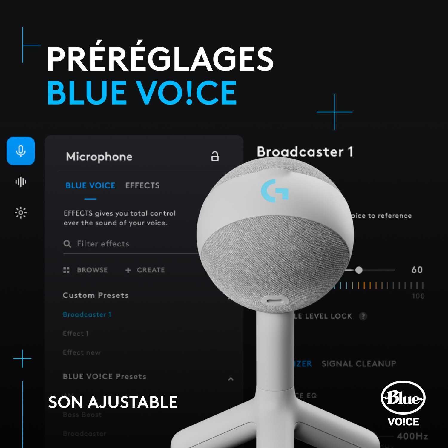 Un microphone avec un pied et un panneau de contrôle. Le microphone est blanc avec un logo bleu.