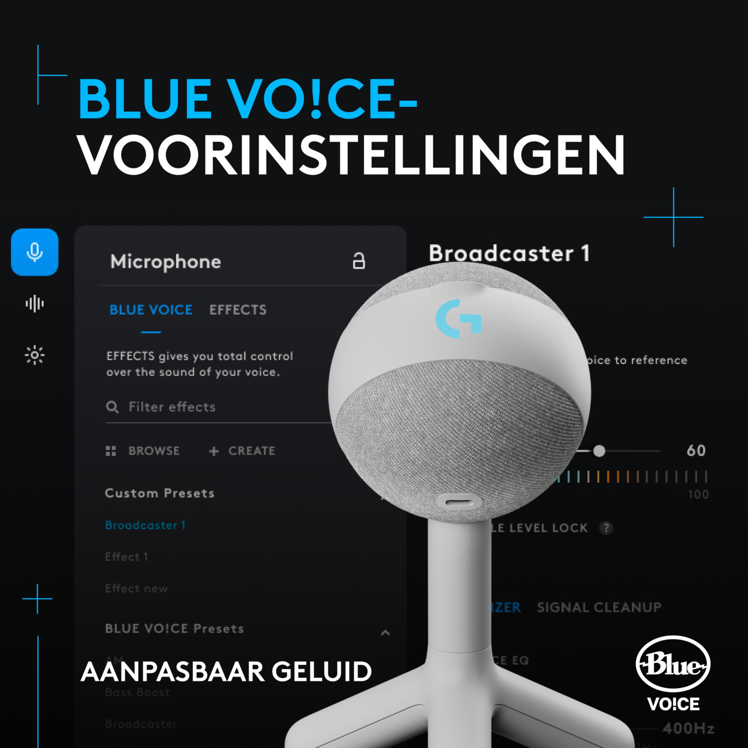 A white Blue Yeti microphone with a control panel displaying settings and a gray speaker.