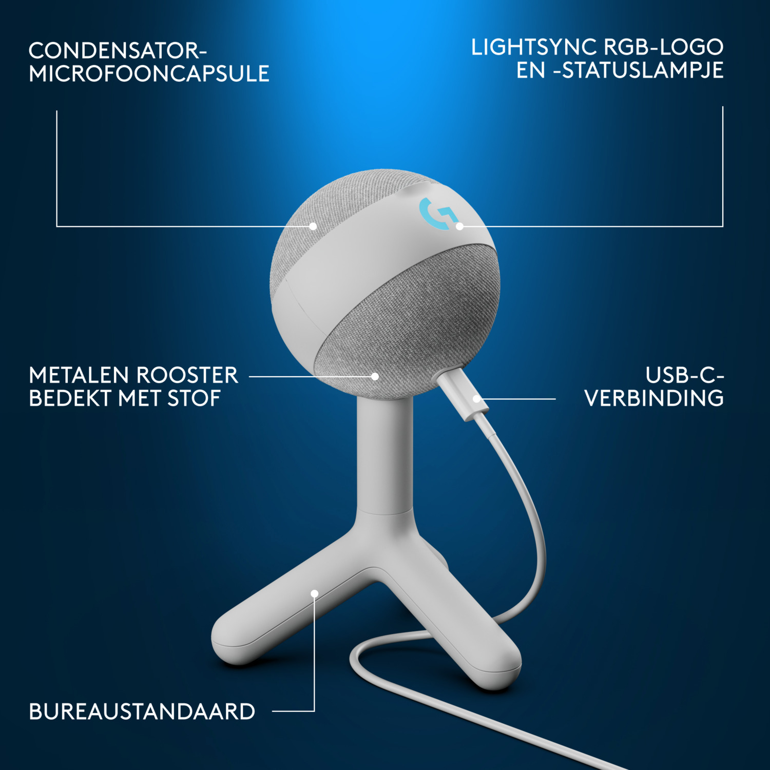 White and grey microphone on a stand. The microphone has a USB-C connection and a blue light.