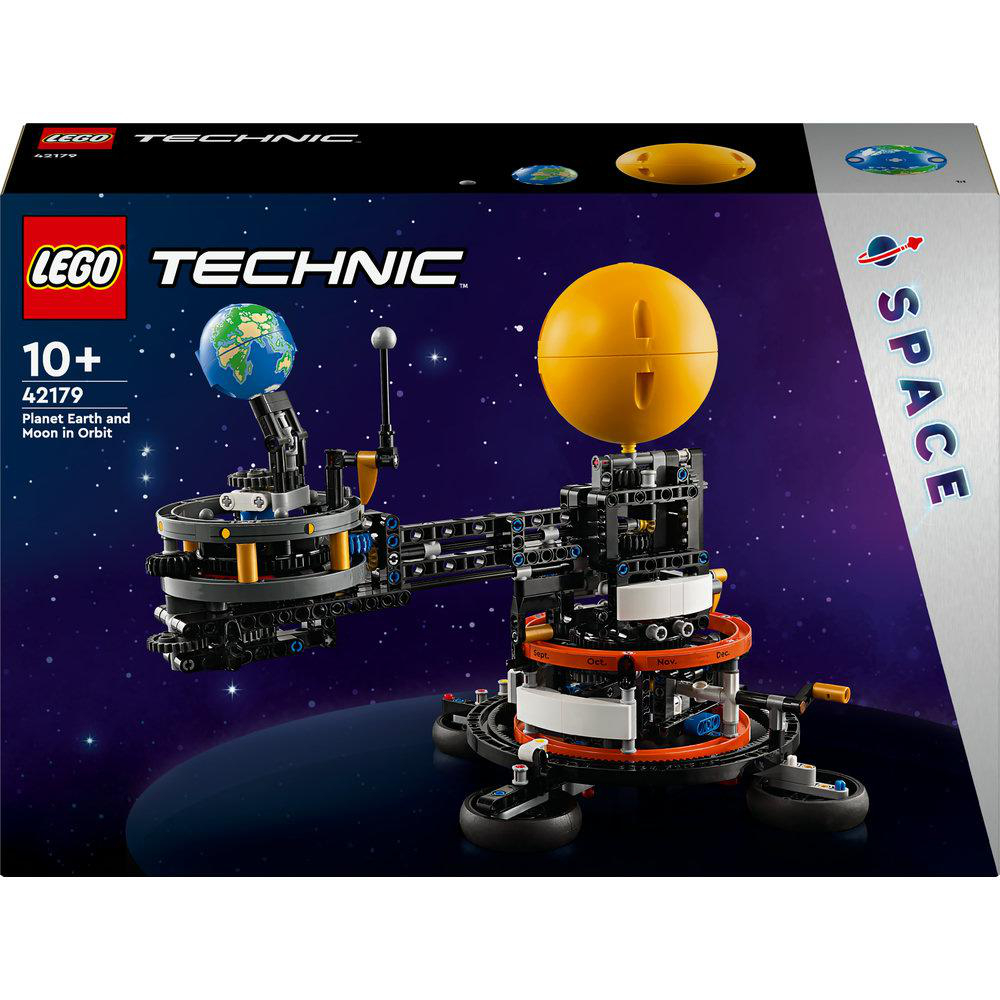 LEGO Technic-Set-Box. Ein Modell des Planeten Erde und Mond im Orbit vor einem Weltraumhintergrund.
