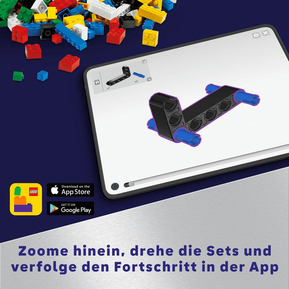 Ein Tablet-Bildschirm mit Lego-Anweisungen, mit Lego-Steinen und App-Logos.