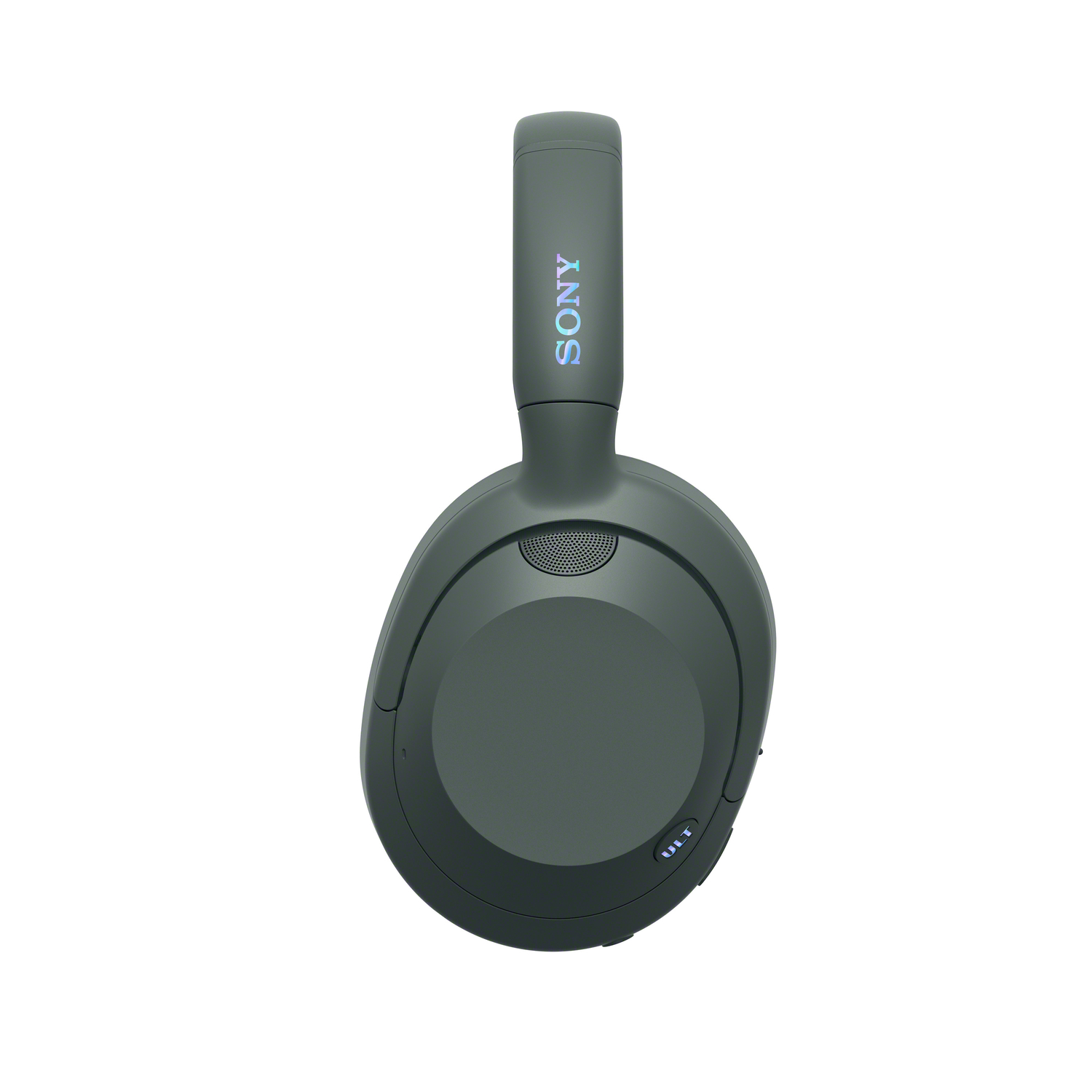 Sony koptelefoon, grijze kleur, bovenaanzicht, met het 'SONY' logo op de hoofdband.