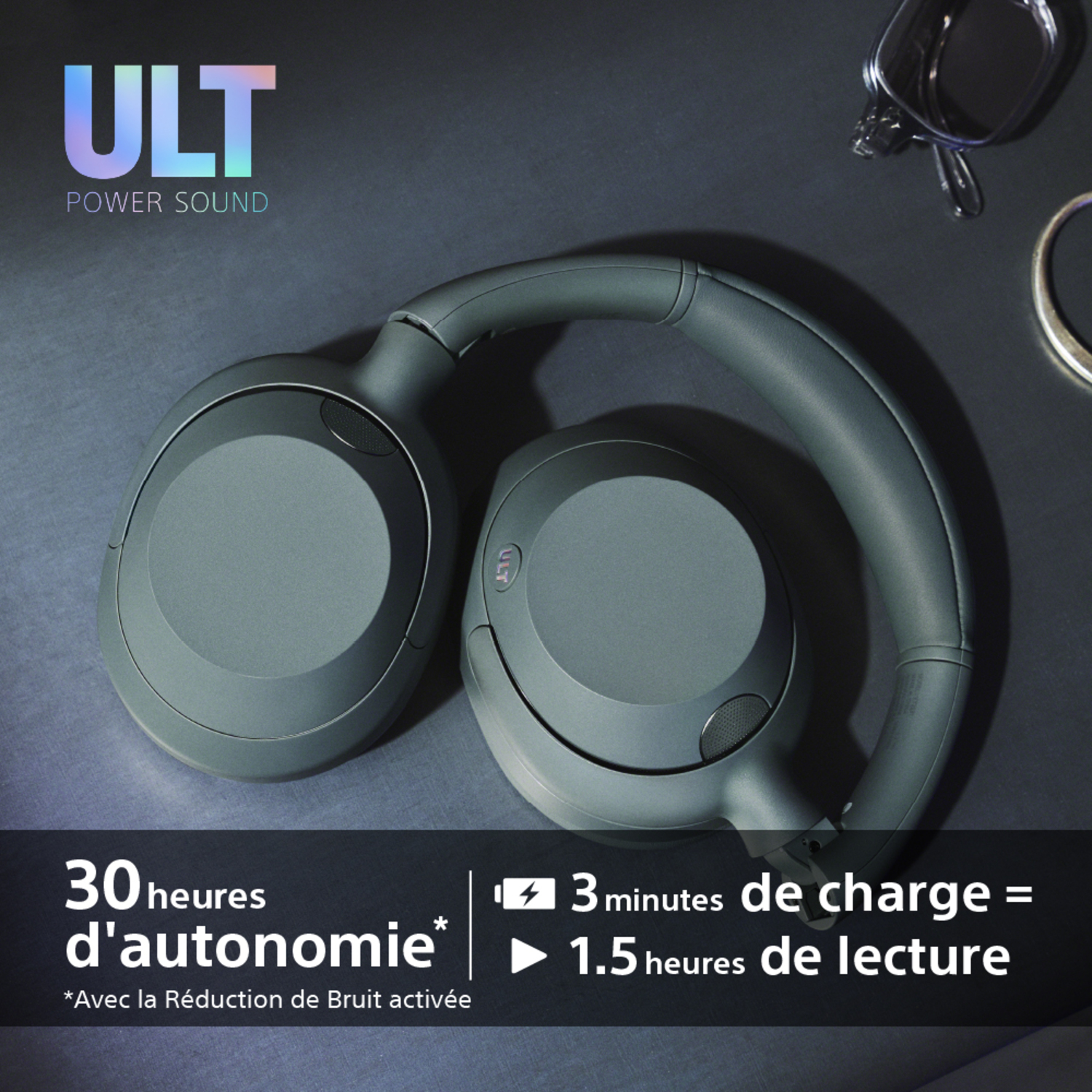 Casque vert avec texte sur l'autonomie de la batterie.