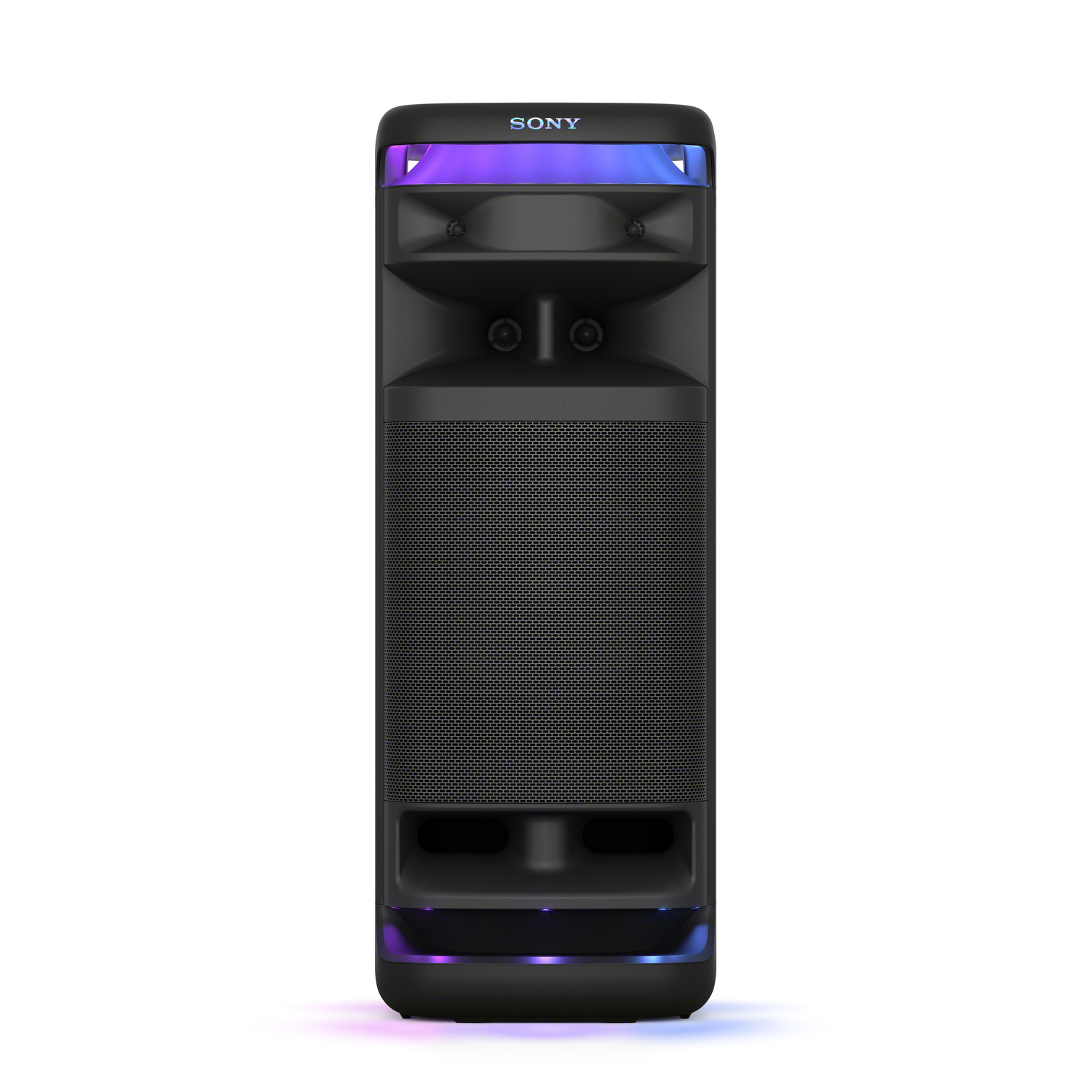 Enceinte Sony noire. Grille avant et lumières multicolores.