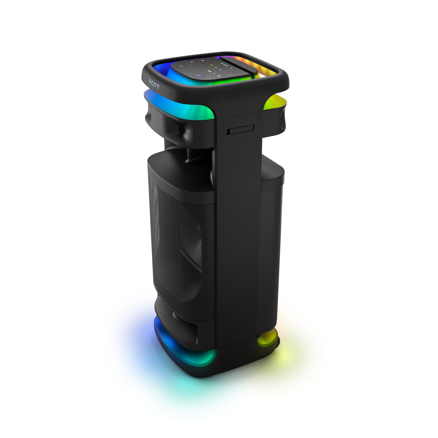 Haut-parleur Sony noir avec des lumières colorées. Il possède un panneau à boutons multiples.