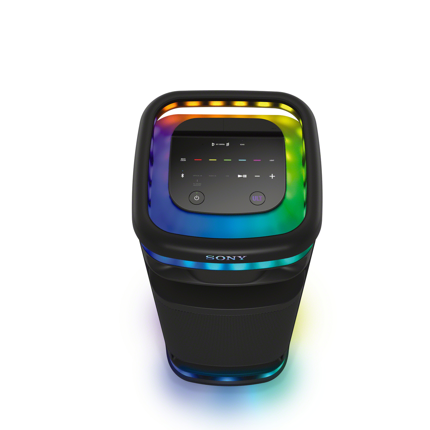 Haut-parleur noir avec des lumières colorées et un panneau de contrôle sur le dessus.