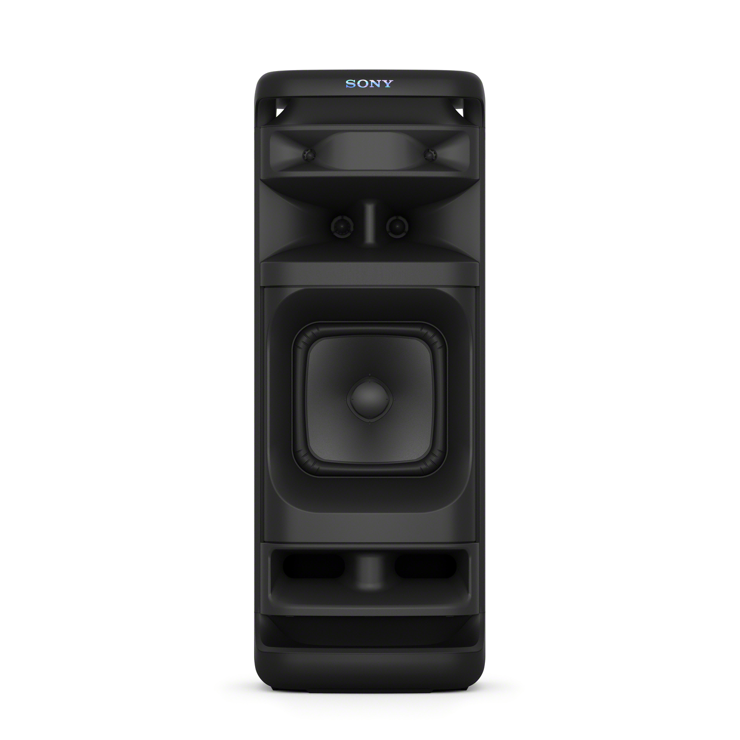 Een zwarte Sony Bluetooth-luidspreker. De luidspreker is hoog en heeft een grote luidspreker en twee kleinere.