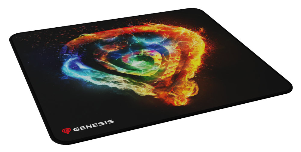Czarna podkładka pod mysz gamingową z kolorowym, ognistym logo Genesis.