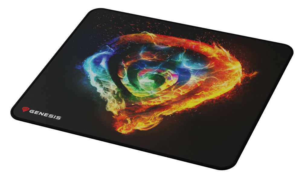 Podkładka pod mysz Genesis z kolorowym, abstrakcyjnym wzorem na czarnej powierzchni.