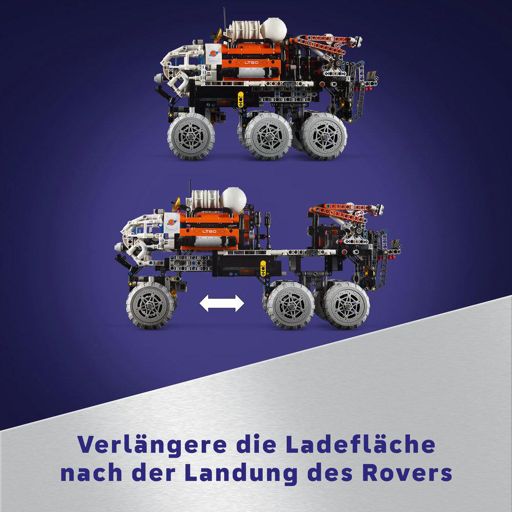 Zwei Spielzeug-Rover mit weißen Pfeilen. Der Text lautet: Erweitern Sie die Ladefläche nach der Landung des Rovers.