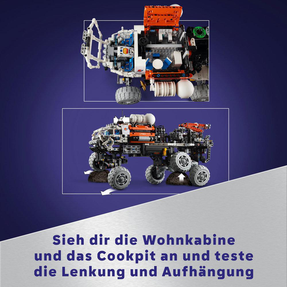 Lego-Modell eines futuristischen Fahrzeugs mit deutscher Anleitung.