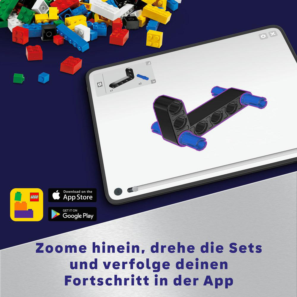 Tablet mit Lego-Anweisungen, Blöcke drumherum. Text: Zoomen Sie hinein, drehen Sie die Sets und verfolgen Sie Ihren Fortschritt in der App.