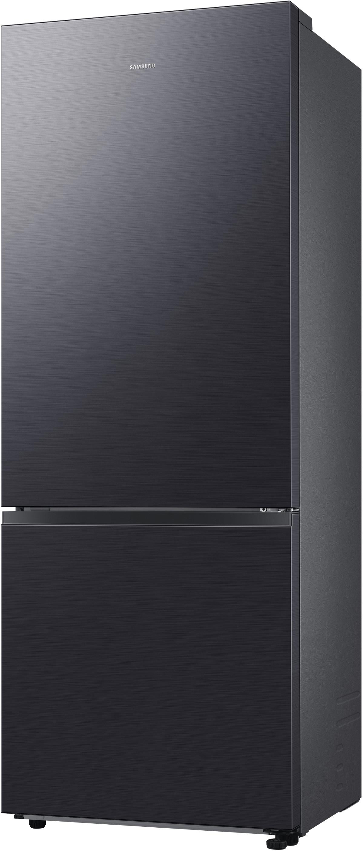 Schwarzer Samsung Kühlschrank. Zwei Türen, oben und unten.